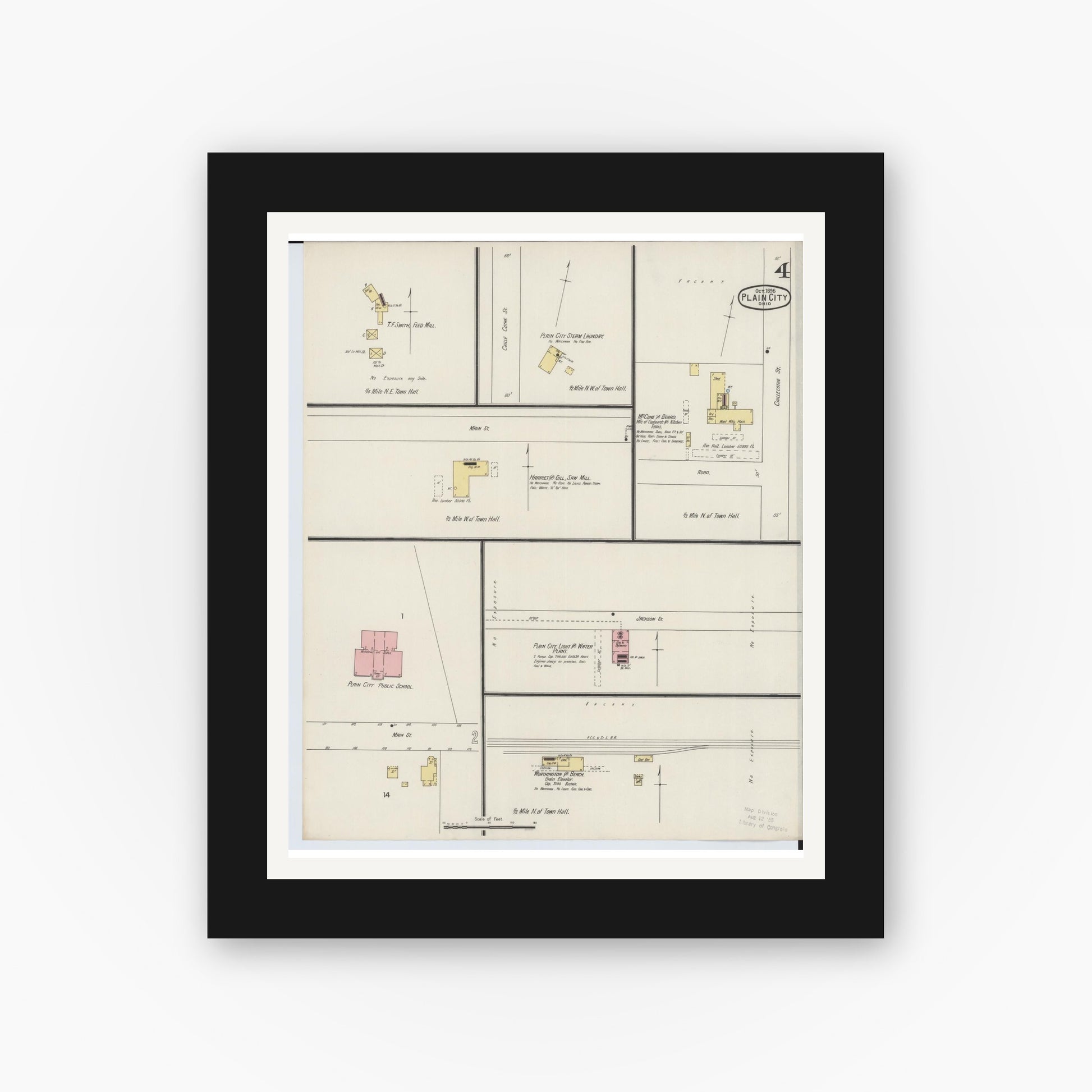 Old map wall art mockup — black gallery frame with white mat — Sanborn Fire Insurance Map from Plain City, Madison And Union Counties, Ohio (1895), Sheet #0004