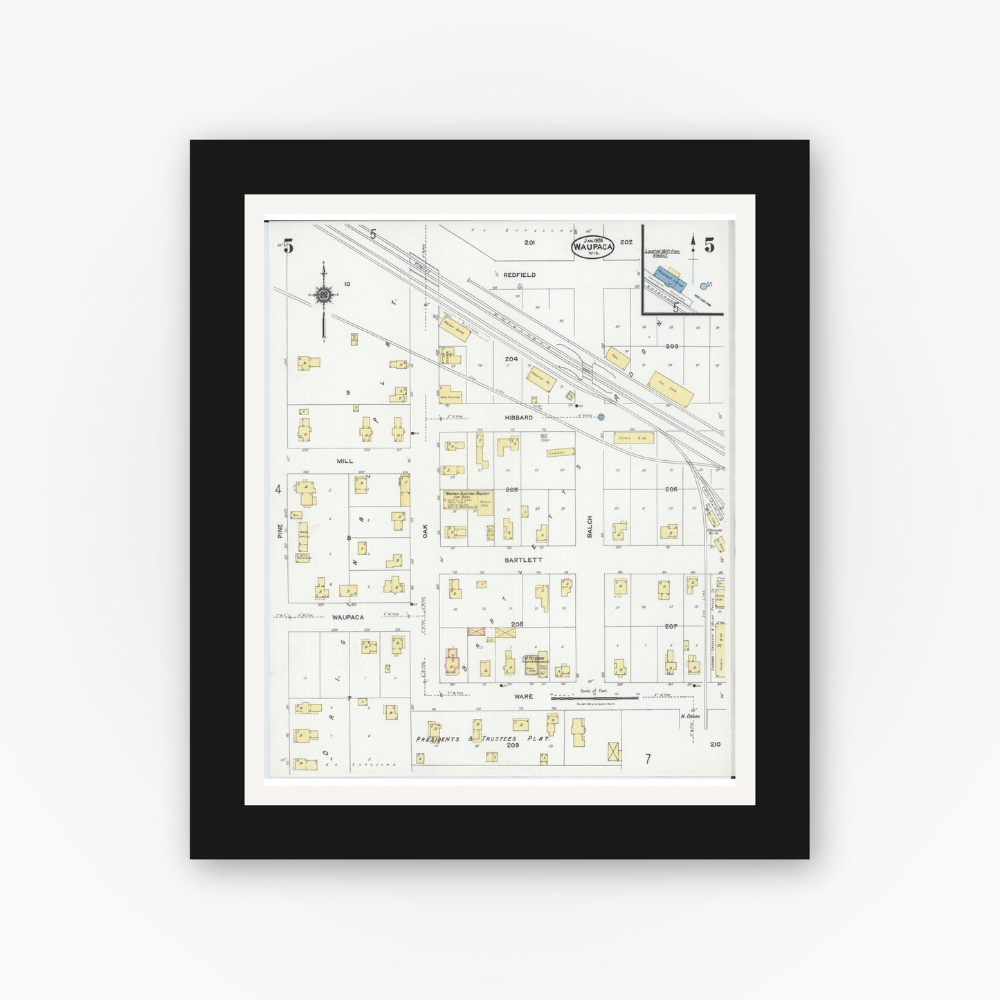 Old map wall art mockup — black gallery frame with white mat — Sanborn Fire Insurance Map from Waupaca, Waupaca County, Wisconsin (1924), Sheet #0005