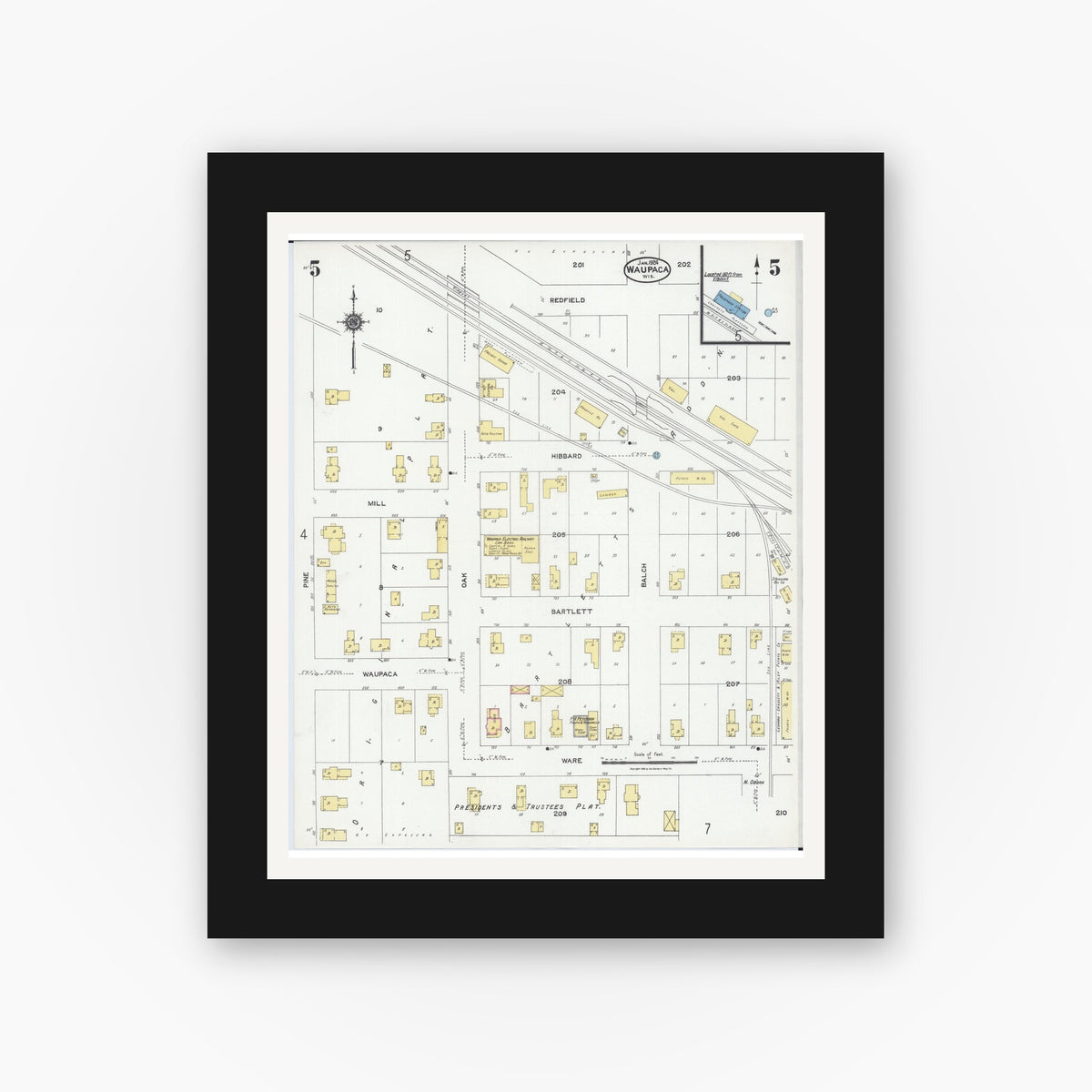 Old map wall art mockup — black gallery frame with white mat — Sanborn Fire Insurance Map from Waupaca, Waupaca County, Wisconsin (1924), Sheet #0005