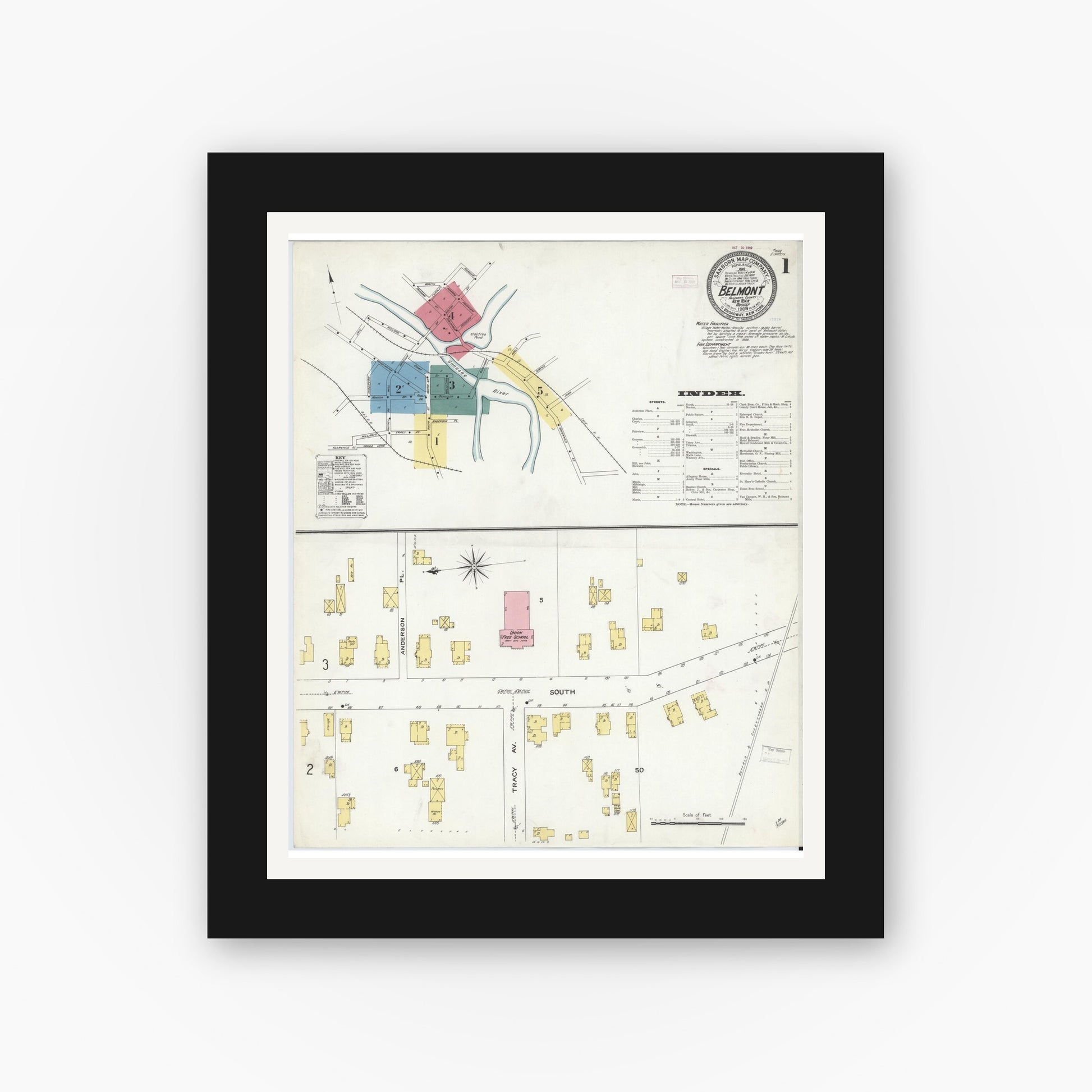Old map wall art mockup — black gallery frame with white mat — Sanborn Fire Insurance Map from Belmont, Allegany County, New York (1909) - Complete Map Set