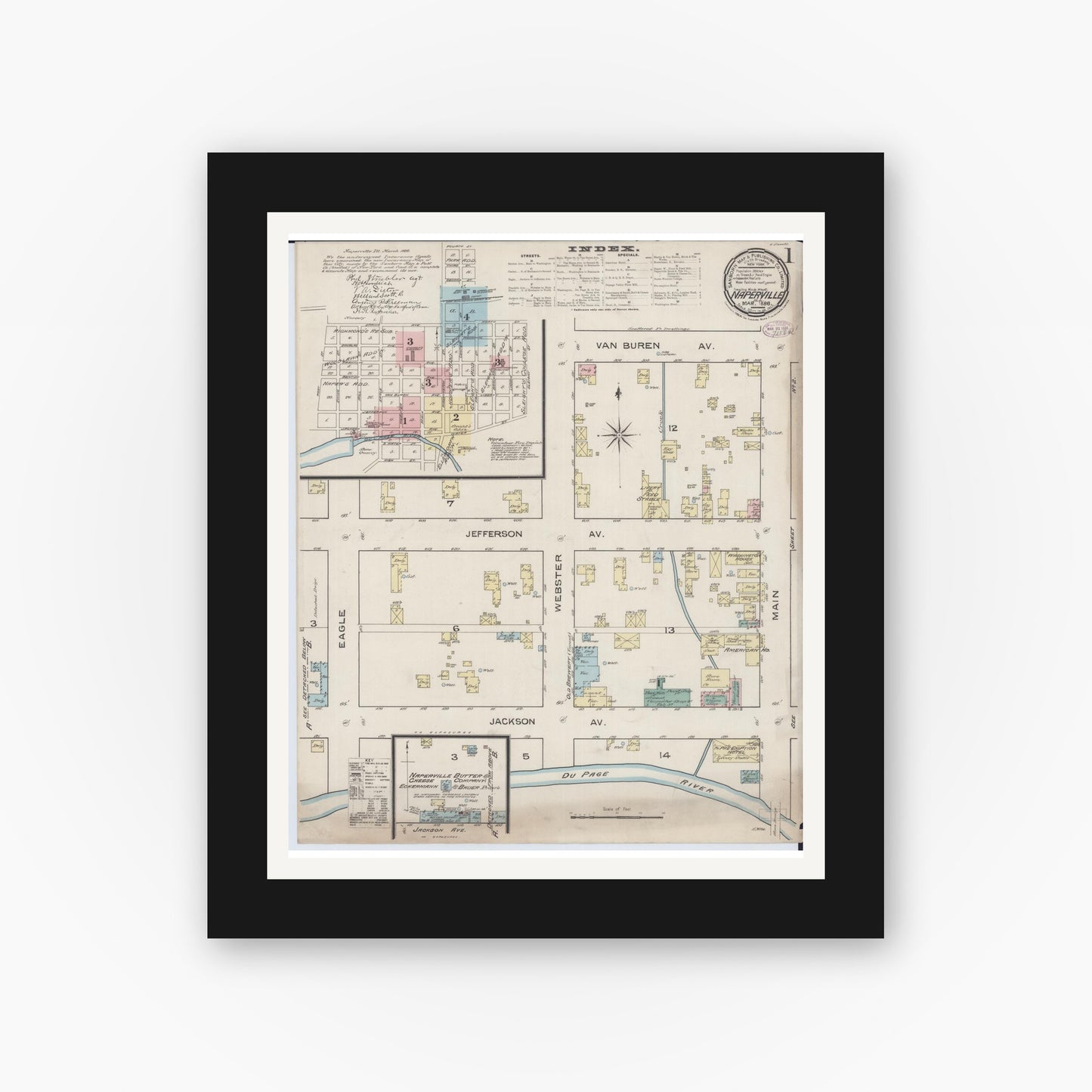Old map wall art mockup — black gallery frame with white mat — Sanborn Fire Insurance Map from Naperville, Du Page County, Illinois (1886), Sheet #0001