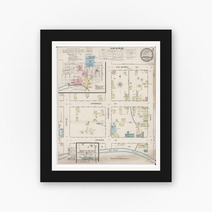 Old map wall art mockup — black gallery frame with white mat — Sanborn Fire Insurance Map from Naperville, Du Page County, Illinois (1886), Sheet #0001