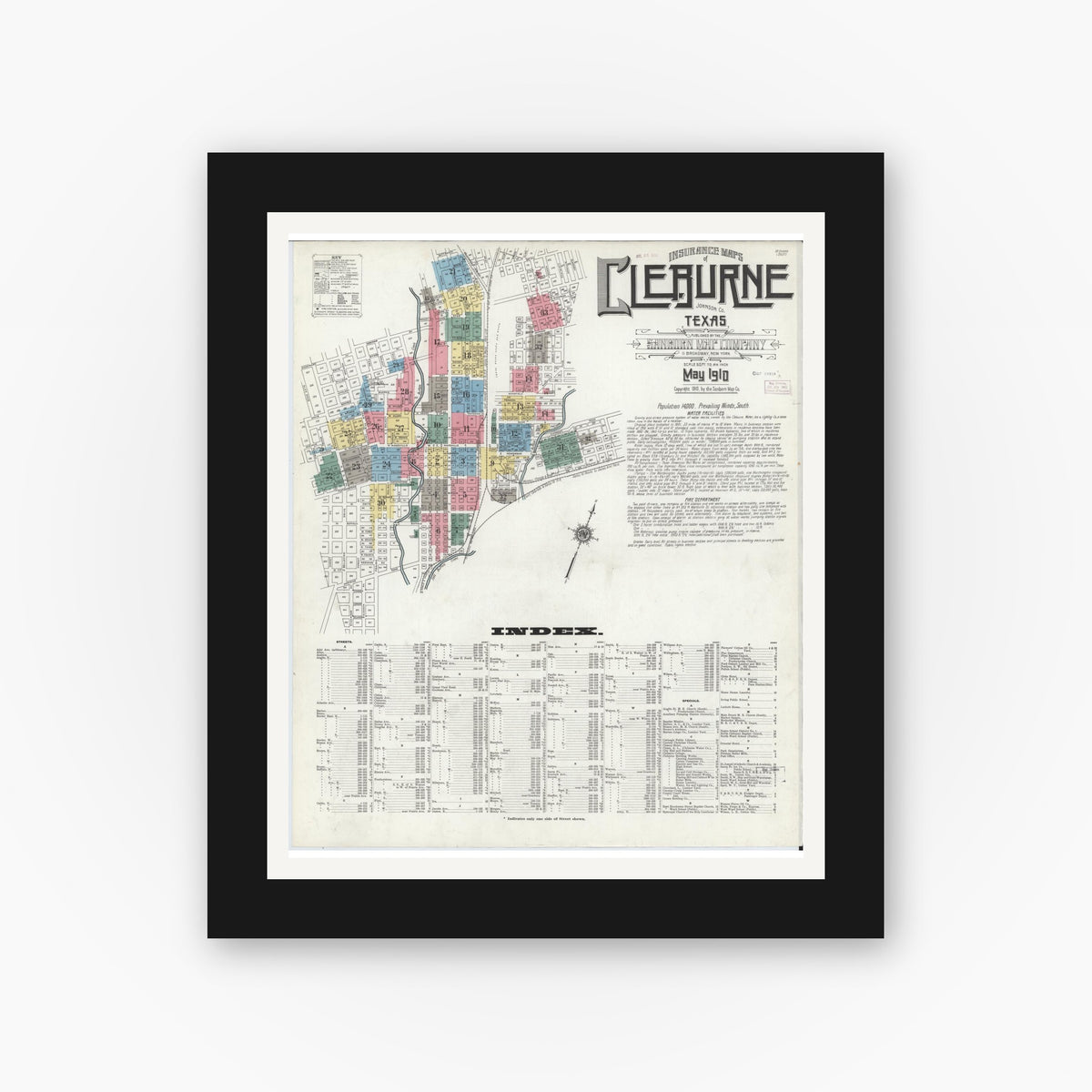 Old map wall art mockup — black gallery frame with white mat — Sanborn Fire Insurance Map from Cleburne, Johnson County, Texas (1910), Sheet #0001