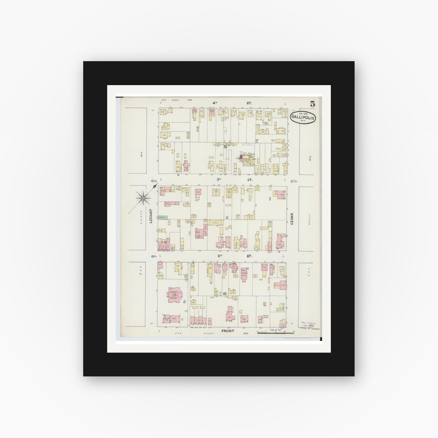 Old map wall art mockup — black gallery frame with white mat — Sanborn Fire Insurance Map from Gallipolis, Gallia County, Ohio (1890), Sheet #0005