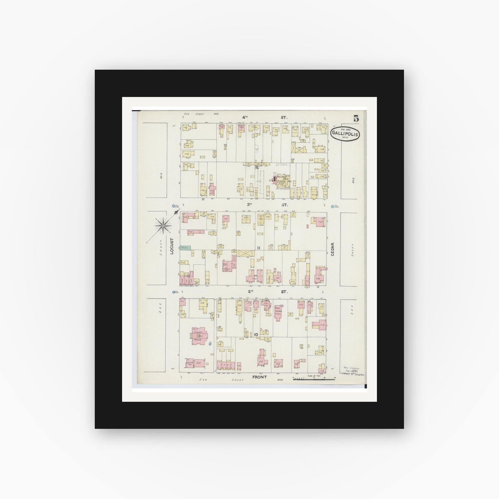 Old map wall art mockup — black gallery frame with white mat — Sanborn Fire Insurance Map from Gallipolis, Gallia County, Ohio (1890), Sheet #0005