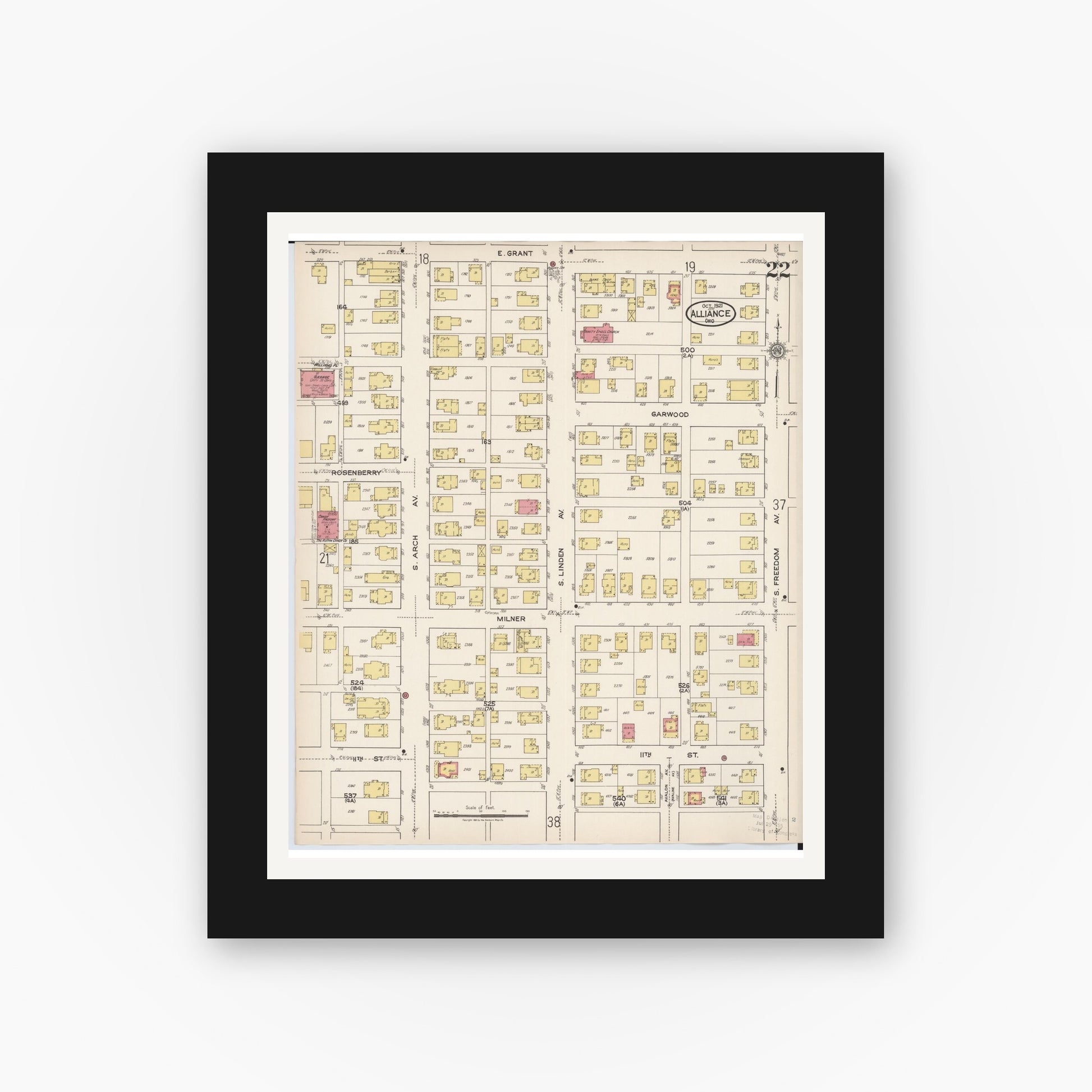 Old map wall art mockup — black gallery frame with white mat — Sanborn Fire Insurance Map from Alliance, Stark County, Ohio (1921), Sheet #0022