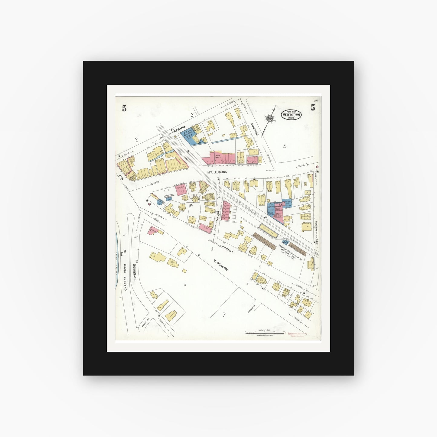 Old map wall art mockup — black gallery frame with white mat — Sanborn Fire Insurance Map from Watertown, Middlesex County, Massachusetts (1923), Sheet #0005