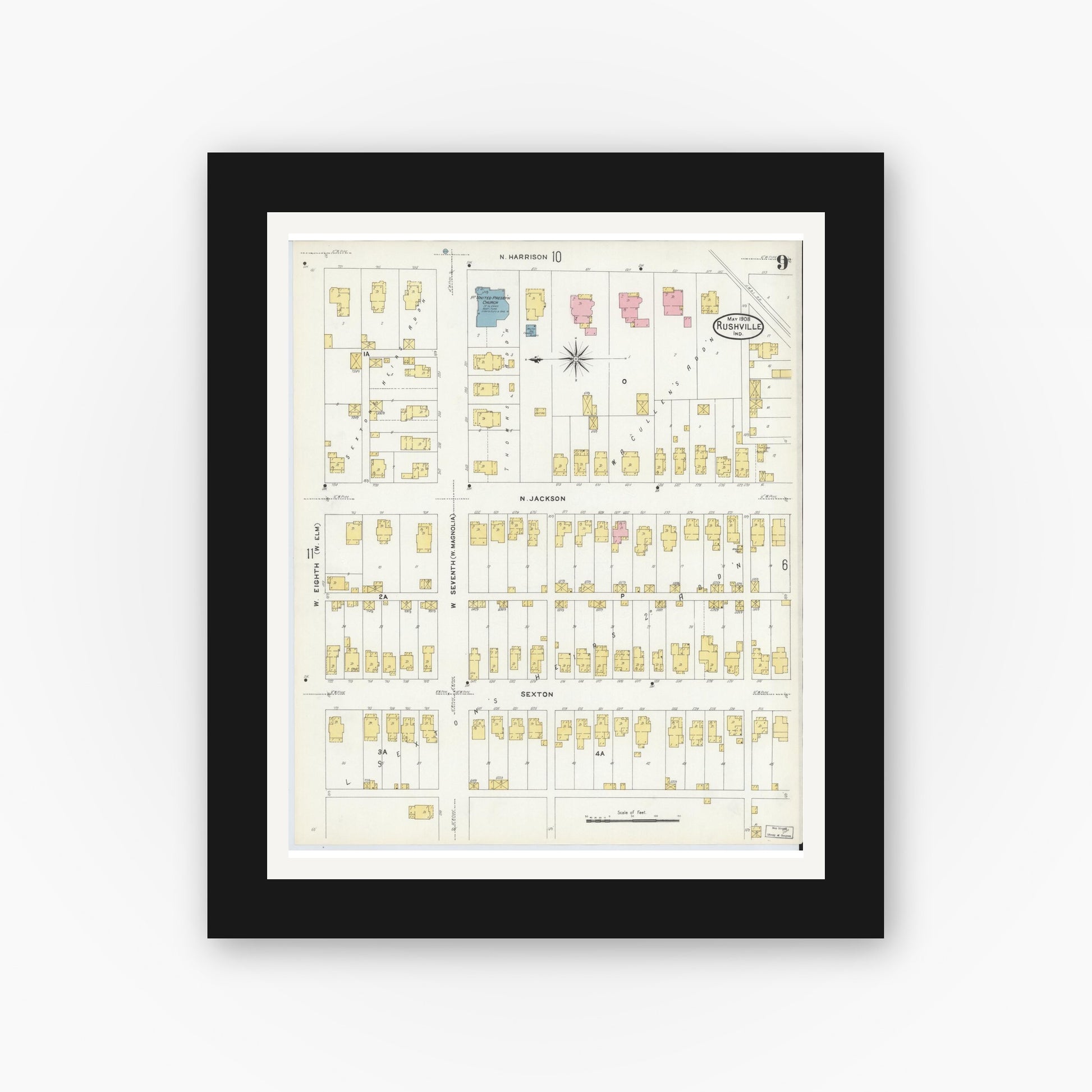 Old map wall art mockup — black gallery frame with white mat — Sanborn Fire Insurance Map from Rushville, Rush County, Indiana (1908), Sheet #0009