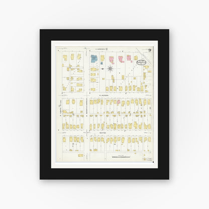 Old map wall art mockup — black gallery frame with white mat — Sanborn Fire Insurance Map from Rushville, Rush County, Indiana (1908), Sheet #0009