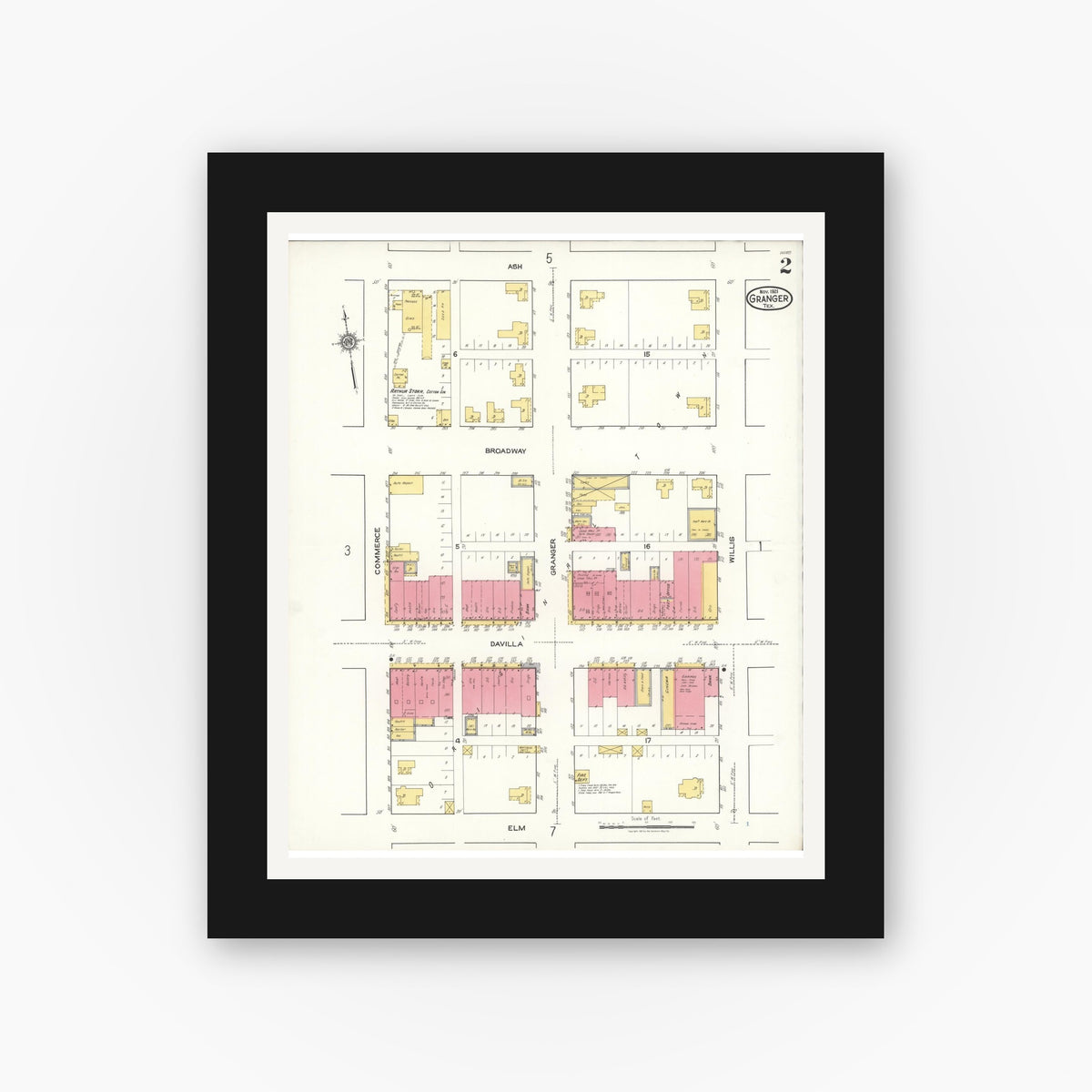 Old map wall art mockup — black gallery frame with white mat — Sanborn Fire Insurance Map from Granger, Williamson County, Texas (1921), Sheet #0002