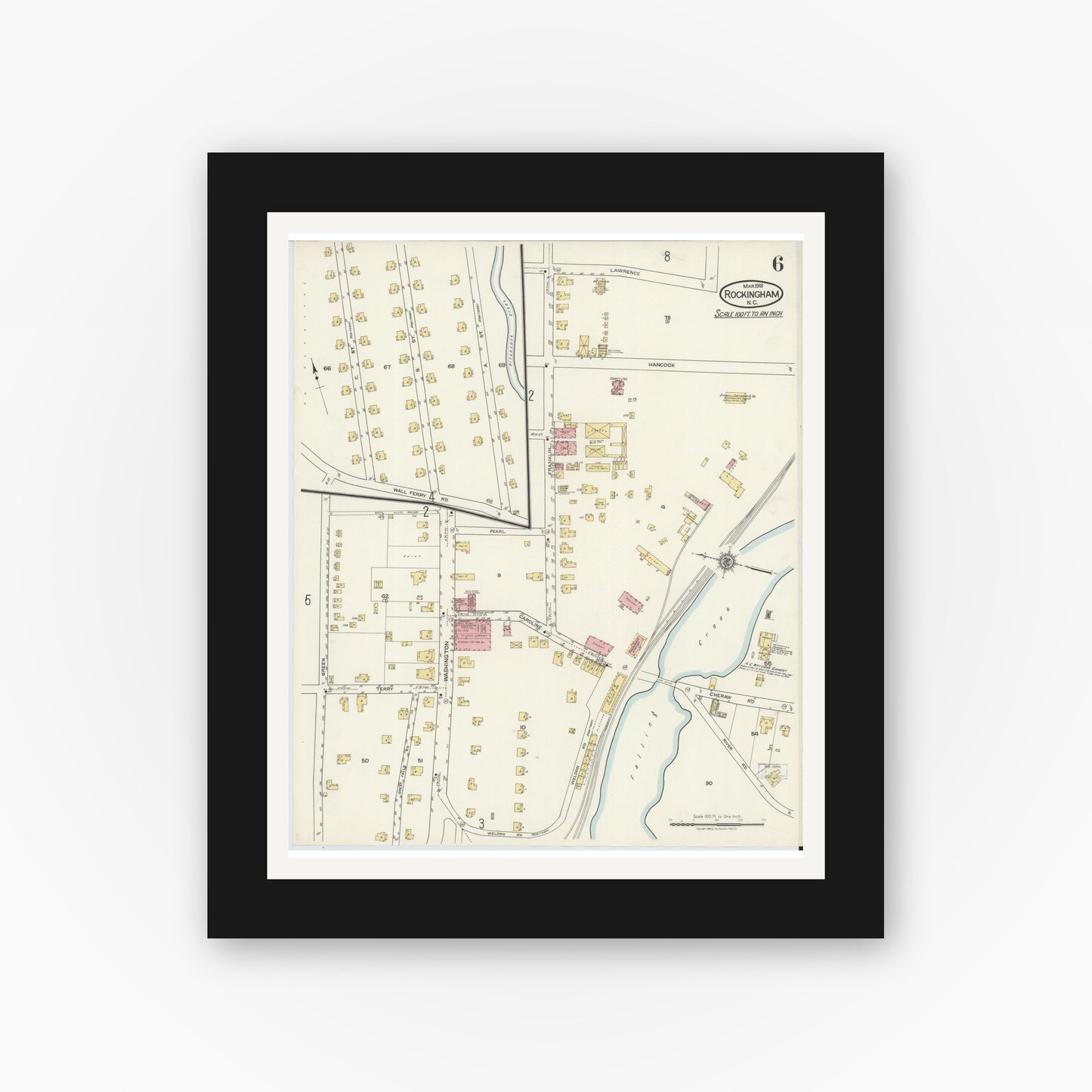 Old map wall art mockup — black gallery frame with white mat — Sanborn Fire Insurance Map from Rockingham, Richmond County, North Carolina (1918), Sheet #0006