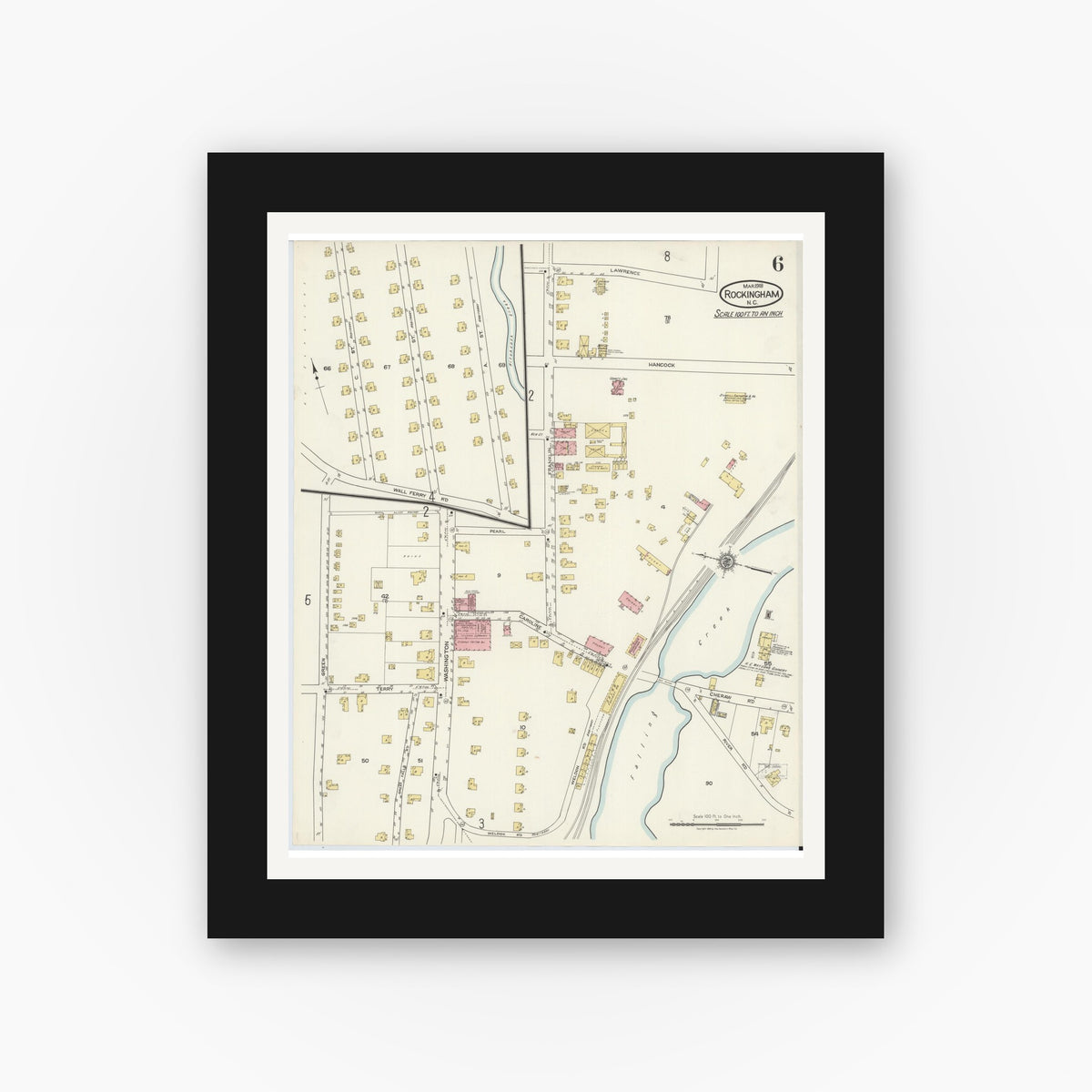 Old map wall art mockup — black gallery frame with white mat — Sanborn Fire Insurance Map from Rockingham, Richmond County, North Carolina (1918), Sheet #0006