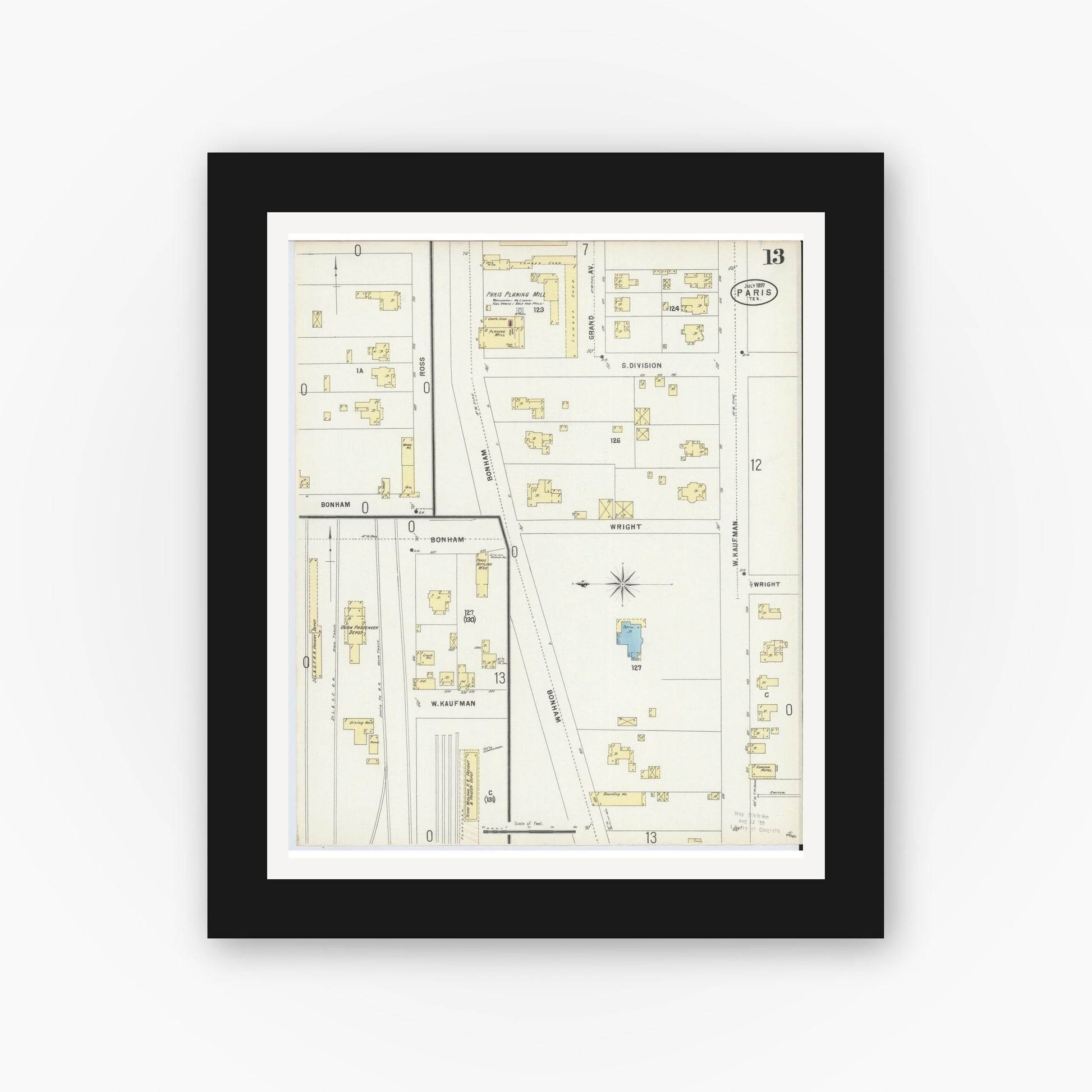 Old map wall art mockup — black gallery frame with white mat — Sanborn Fire Insurance Map from Paris, Lamar County, Texas (1897), Sheet #0013