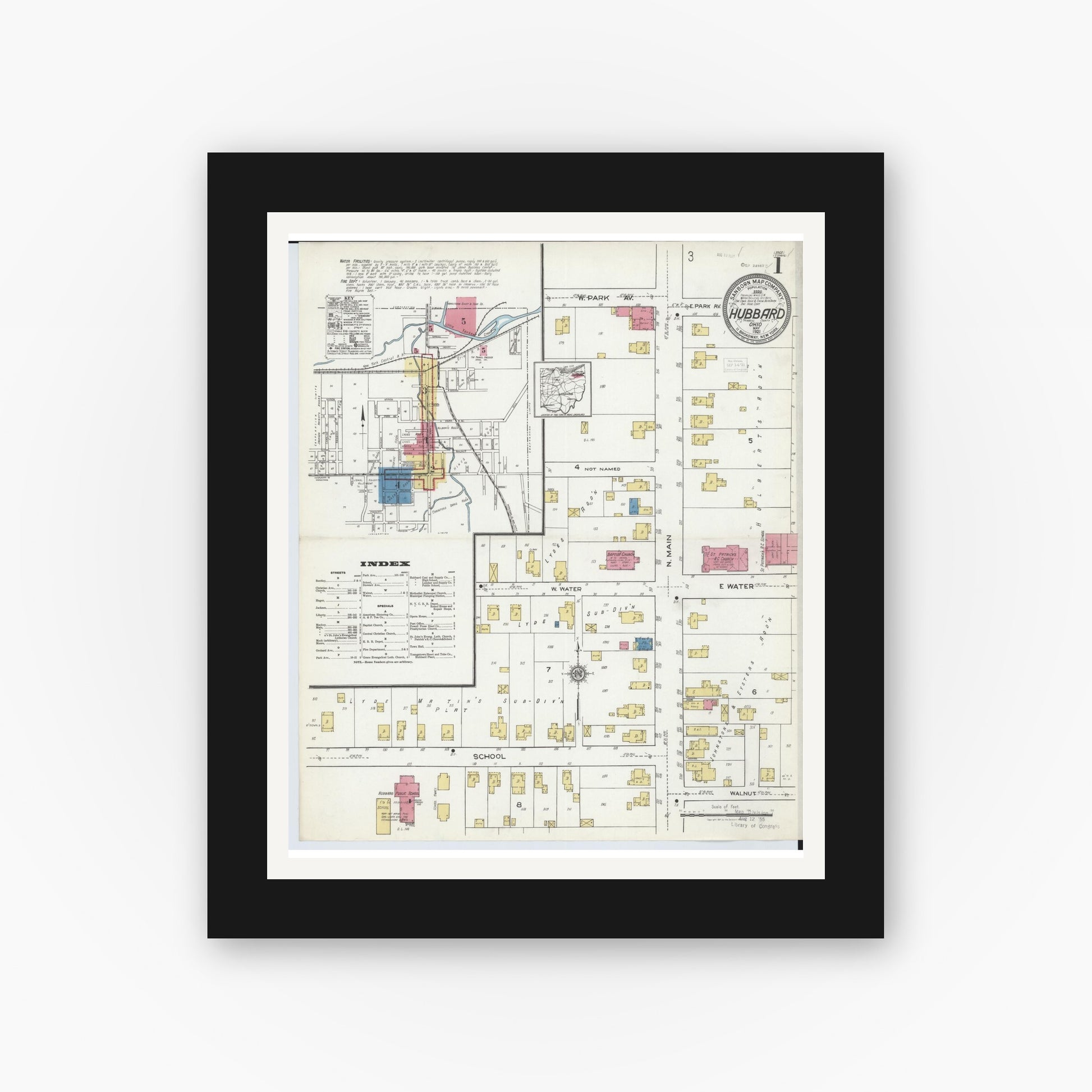 Old map wall art mockup — black gallery frame with white mat — Sanborn Fire Insurance Map from Hubbard, Trumbull County, Ohio (1921), Sheet #0001