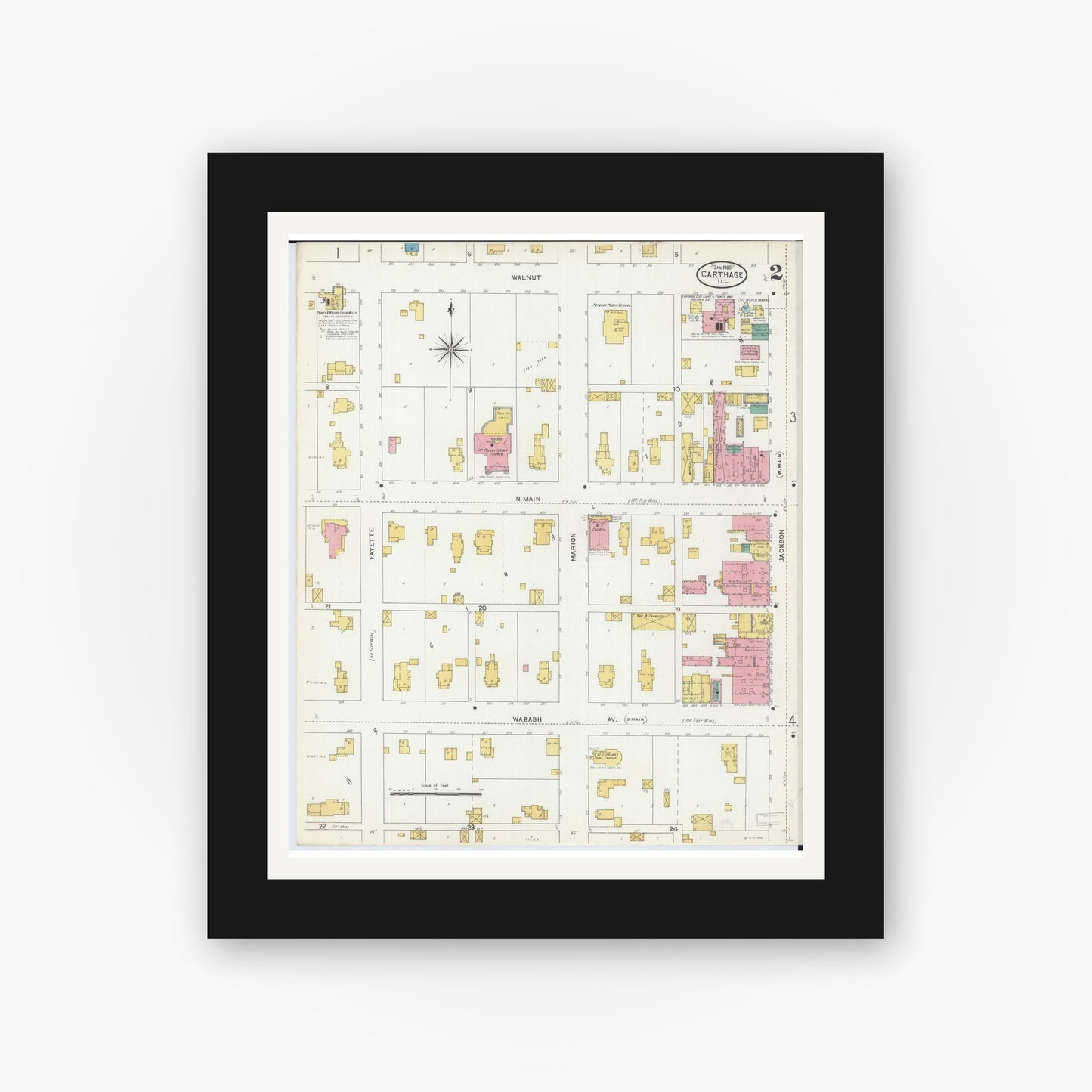 Old map wall art mockup — black gallery frame with white mat — Sanborn Fire Insurance Map from Carthage, Hancock County, Illinois (1906), Sheet #0002