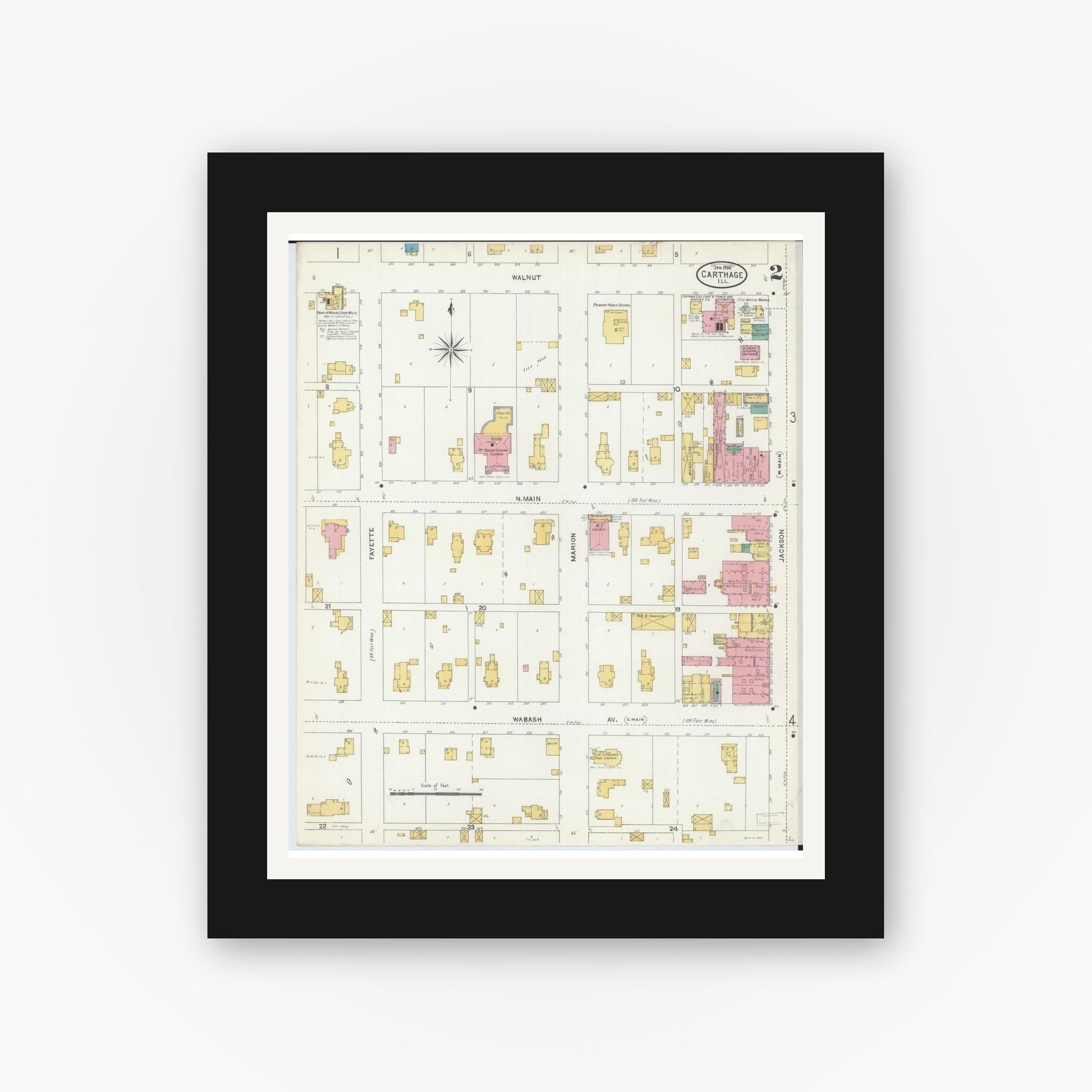Old map wall art mockup — black gallery frame with white mat — Sanborn Fire Insurance Map from Carthage, Hancock County, Illinois (1906), Sheet #0002