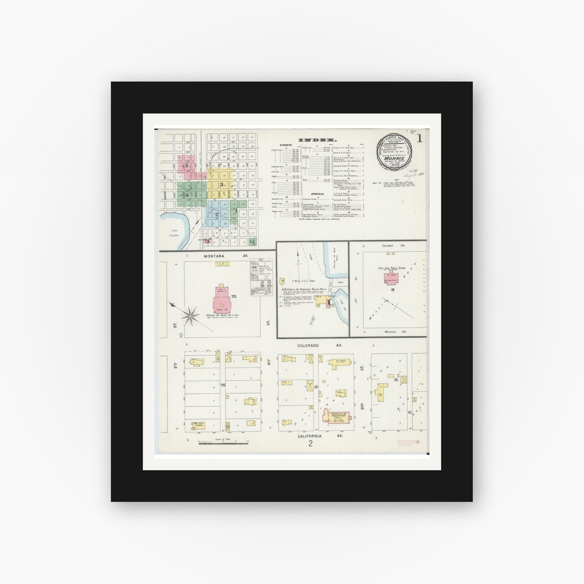 Old map wall art mockup — black gallery frame with white mat — Sanborn Fire Insurance Map from Morris, Stevens County, Minnesota (1896) - Complete Map Set
