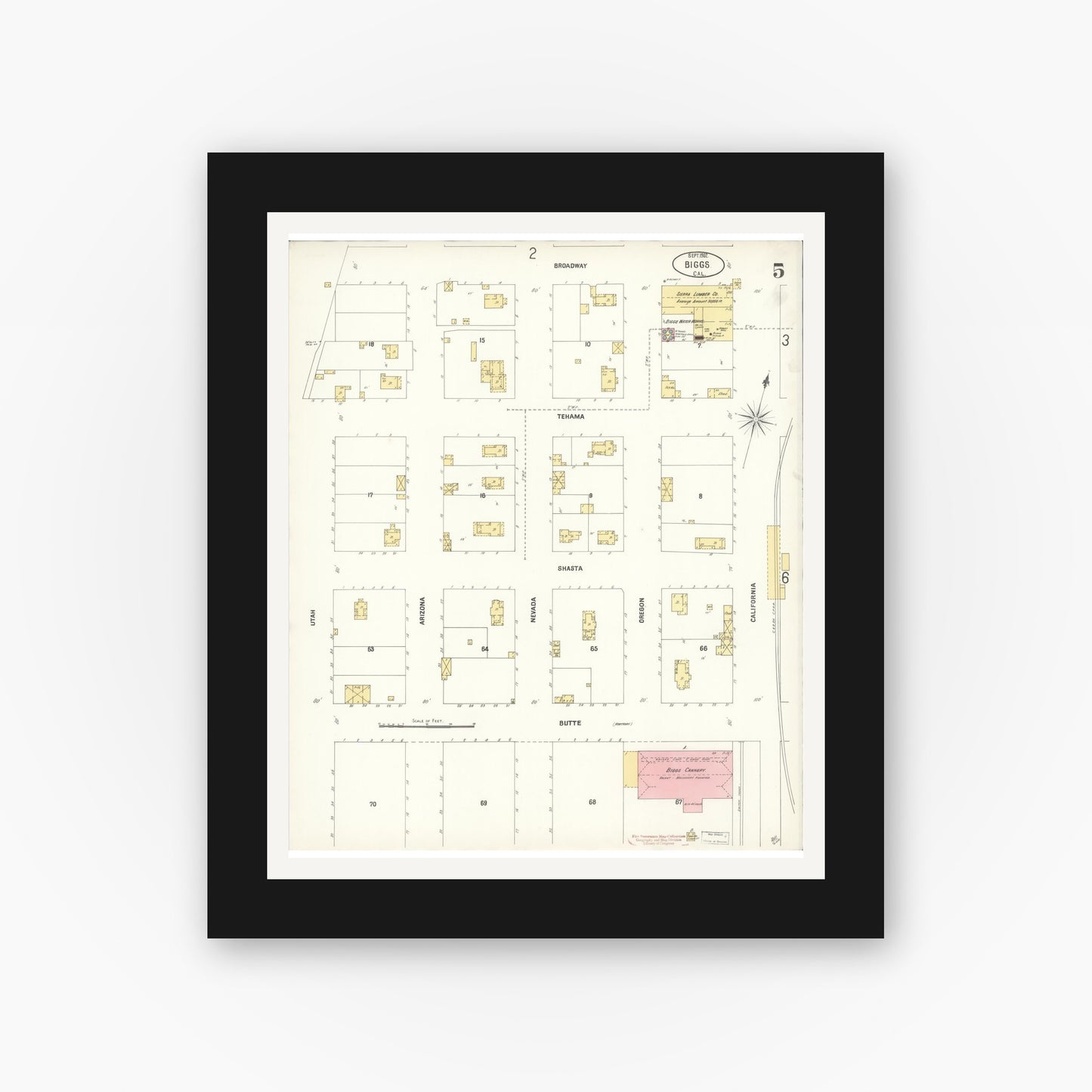Old map wall art mockup — black gallery frame with white mat — Sanborn Fire Insurance Map from Biggs, Butte County, California (1902), Sheet #0005