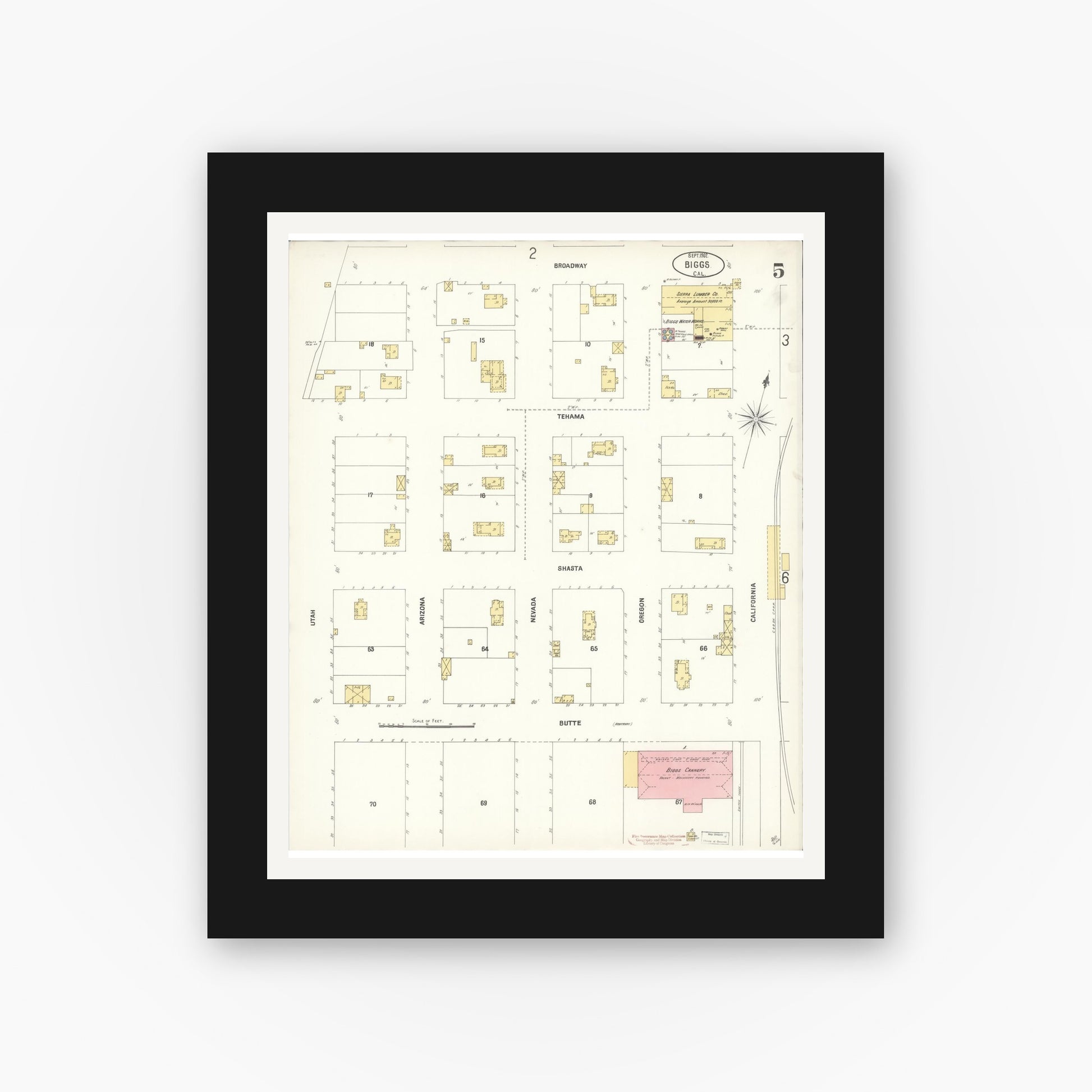 Old map wall art mockup — black gallery frame with white mat — Sanborn Fire Insurance Map from Biggs, Butte County, California (1902), Sheet #0005