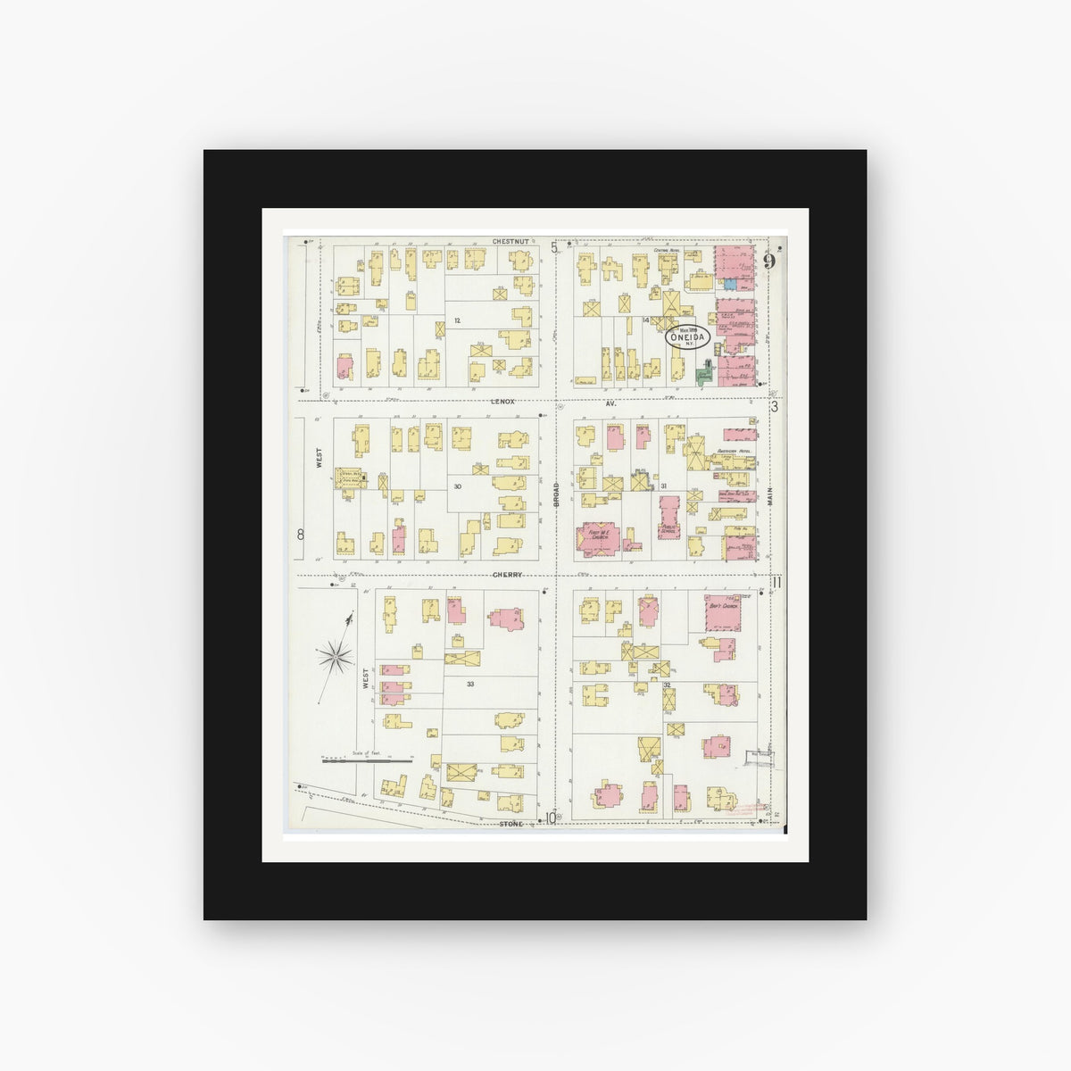 Old map wall art mockup — black gallery frame with white mat — Sanborn Fire Insurance Map from Oneida, Madison County, New York (1899), Sheet #0009