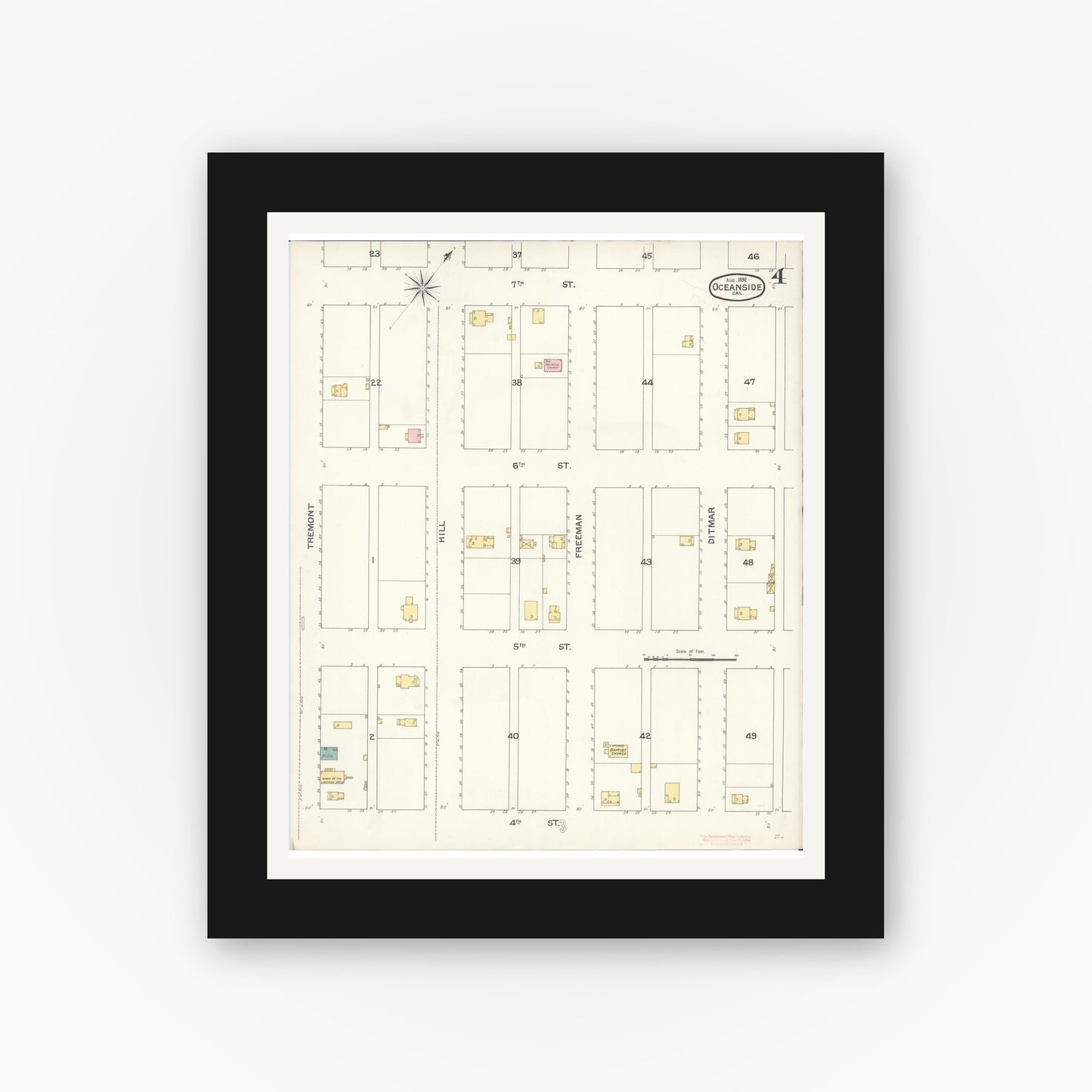 Old map wall art mockup — black gallery frame with white mat — Sanborn Fire Insurance Map from Oceanside, San Diego County, California (1892), Sheet #0004