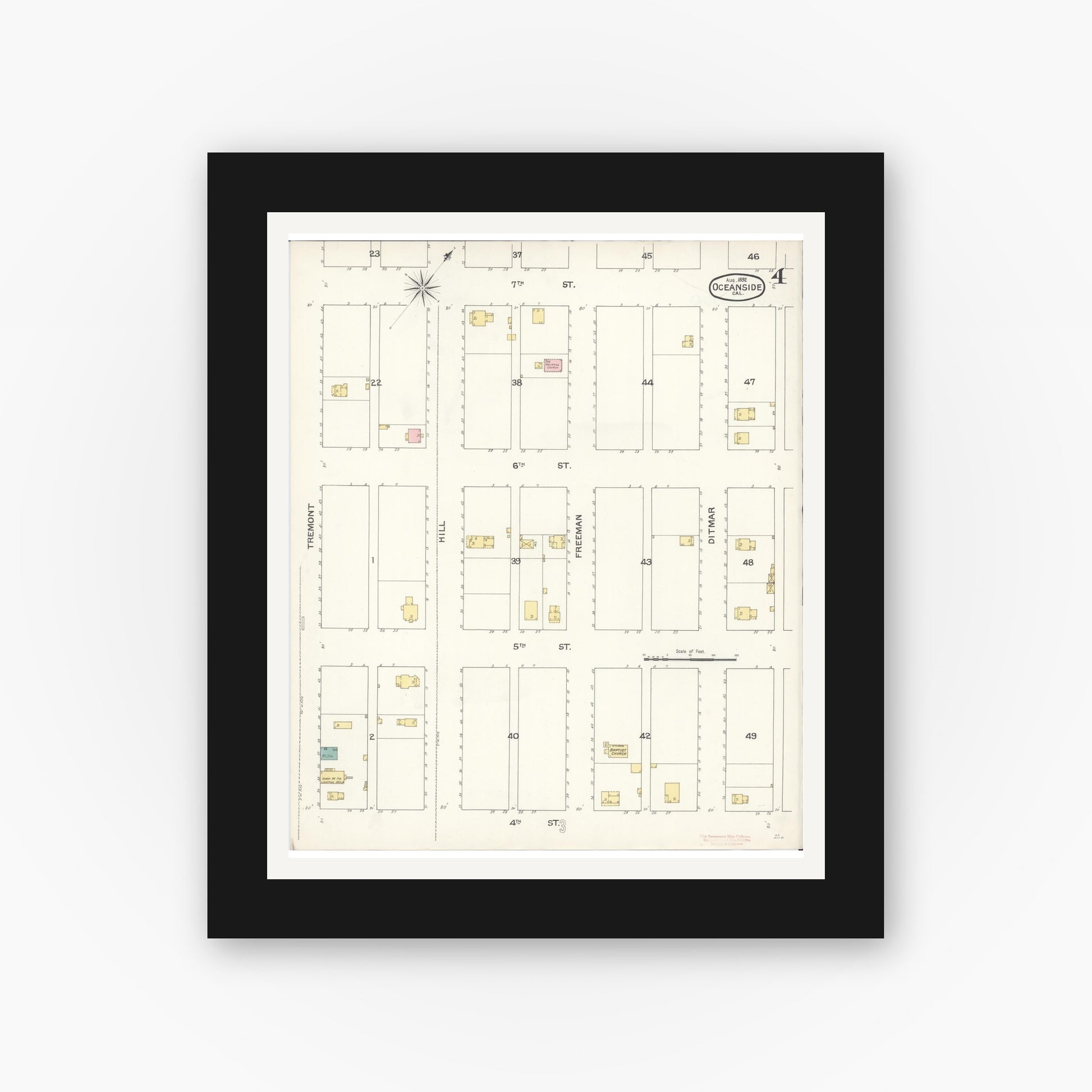 Old map wall art mockup — black gallery frame with white mat — Sanborn Fire Insurance Map from Oceanside, San Diego County, California (1892), Sheet #0004