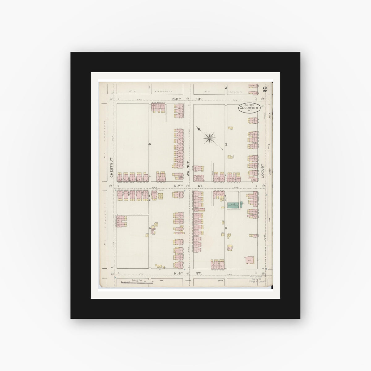 Old map wall art mockup — black gallery frame with white mat — Sanborn Fire Insurance Map from Columbia, Lancaster County, Pennsylvania (1886), Sheet #0002