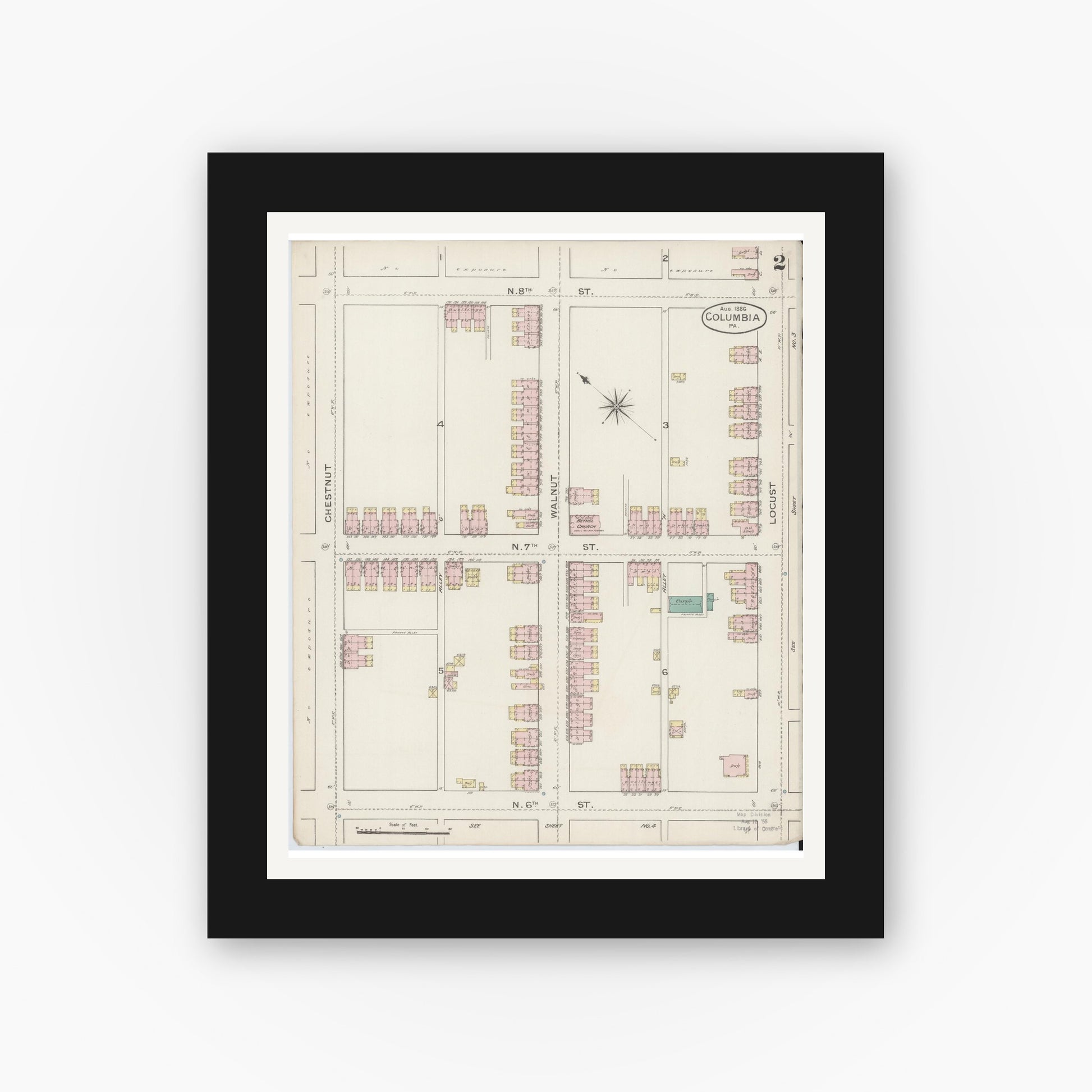 Old map wall art mockup — black gallery frame with white mat — Sanborn Fire Insurance Map from Columbia, Lancaster County, Pennsylvania (1886), Sheet #0002