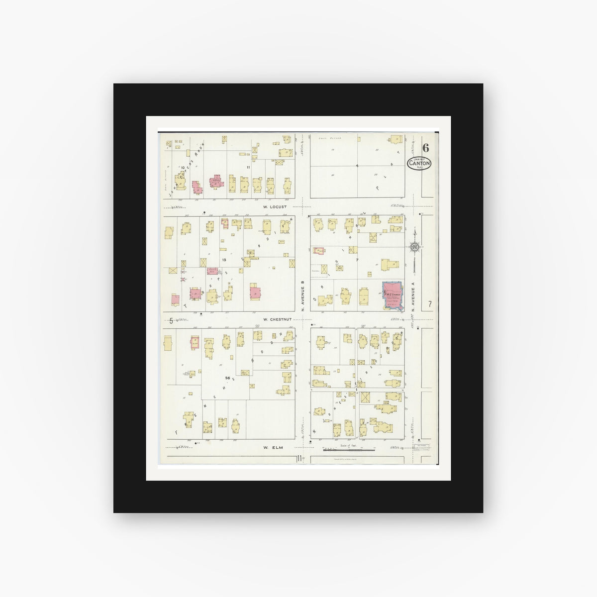 Old map wall art mockup — black gallery frame with white mat — Sanborn Fire Insurance Map from Canton, Fulton County, Illinois (1917), Sheet #0006