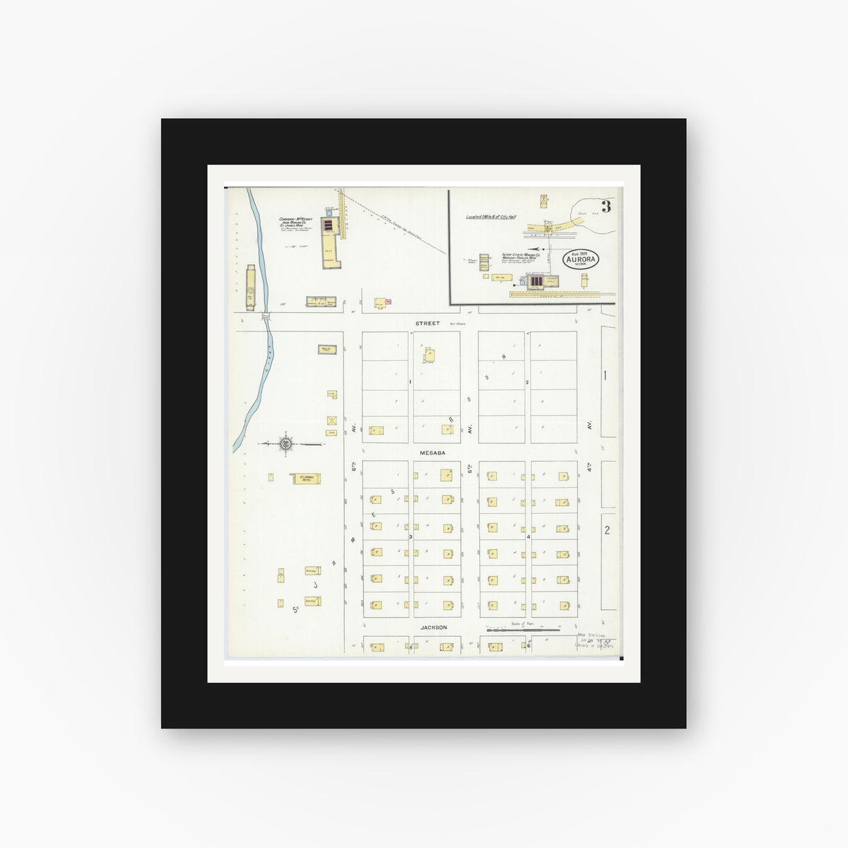 Old map wall art mockup — black gallery frame with white mat — Sanborn Fire Insurance Map from Aurora, Saint Louis County, Minnesota (1909), Sheet #0003