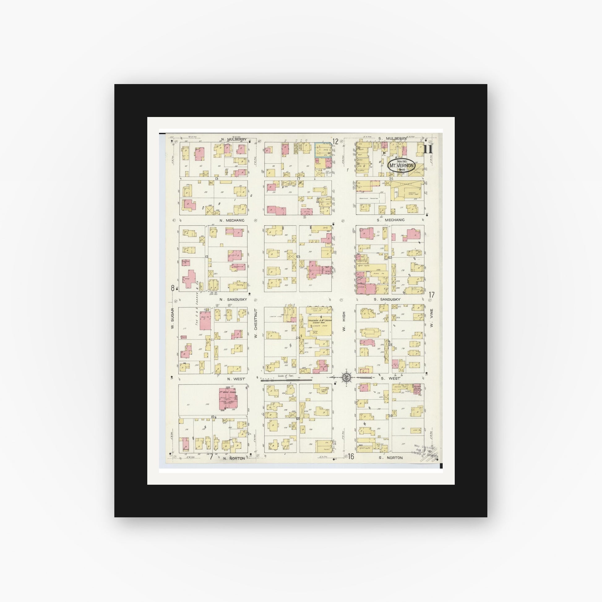 Old map wall art mockup — black gallery frame with white mat — Sanborn Fire Insurance Map from Mount Vernon, Knox County, Ohio (1913), Sheet #0011