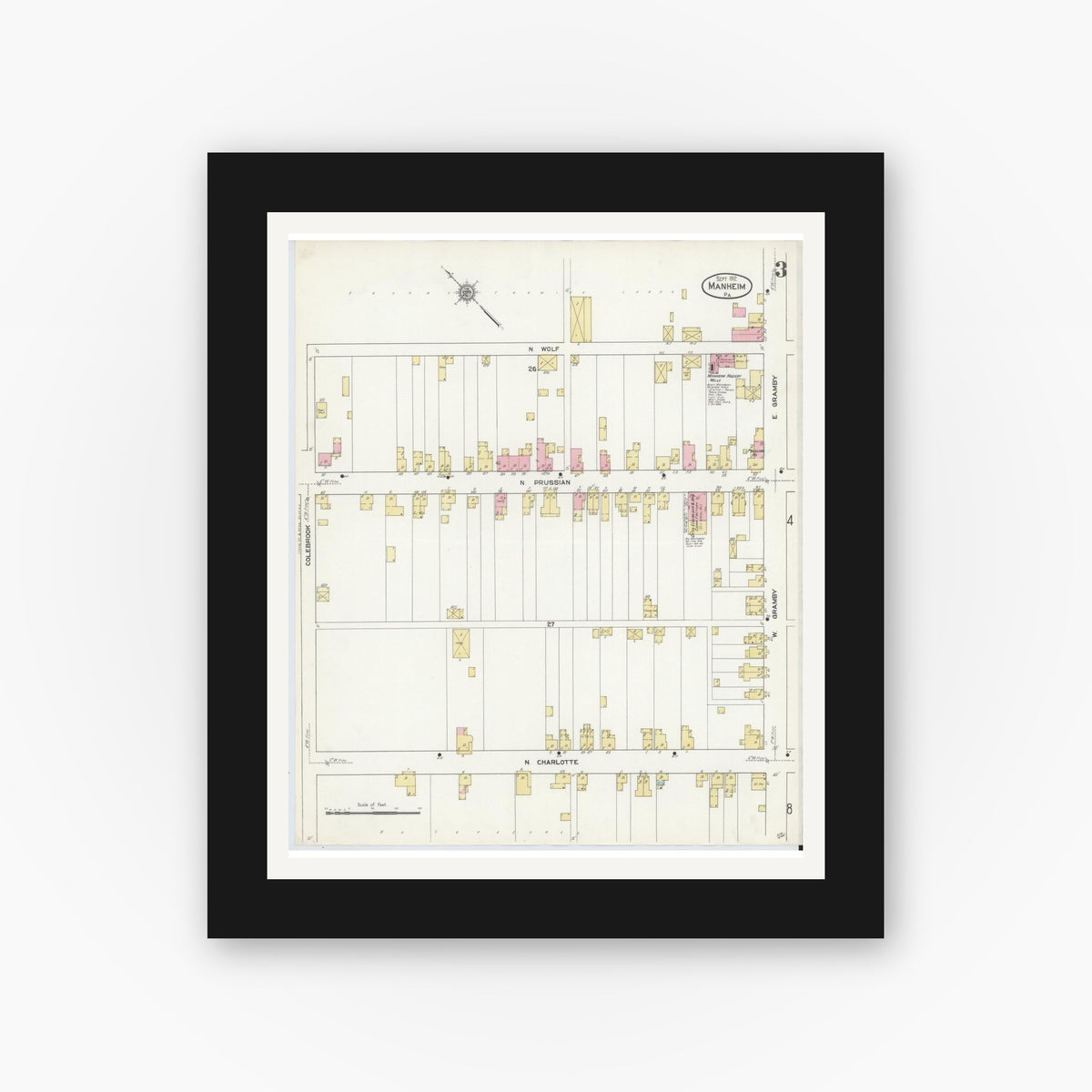 Old map wall art mockup — black gallery frame with white mat — Sanborn Fire Insurance Map from Manheim, Lancaster County, Pennsylvania (1912), Sheet #0003