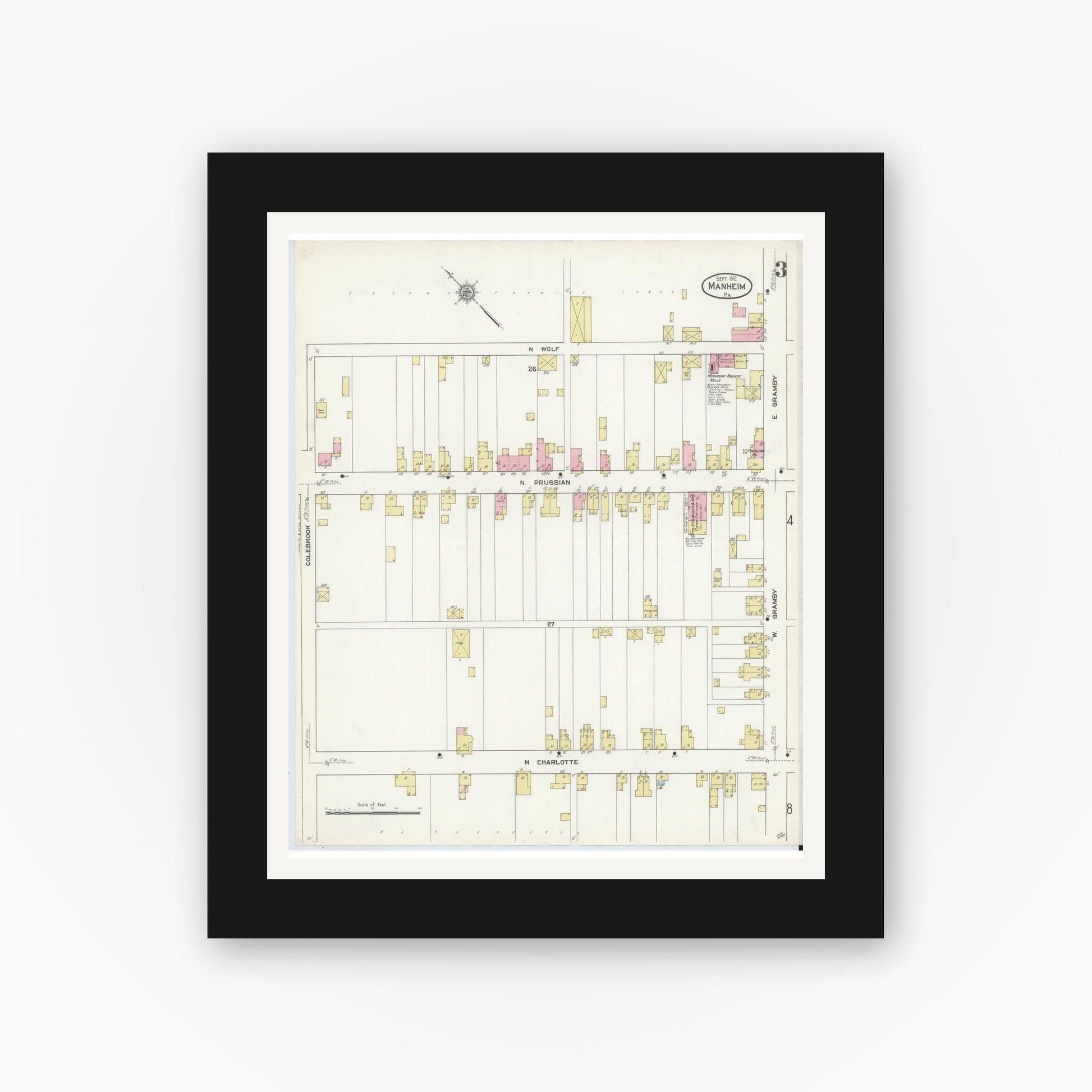 Old map wall art mockup — black gallery frame with white mat — Sanborn Fire Insurance Map from Manheim, Lancaster County, Pennsylvania (1912), Sheet #0003