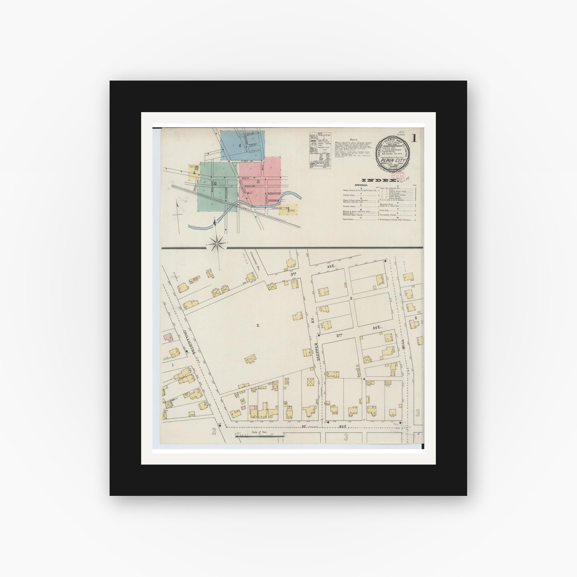 Old map wall art mockup — black gallery frame with white mat — Sanborn Fire Insurance Map from Plain City, Madison And Union Counties, Ohio (1895), Sheet #0001