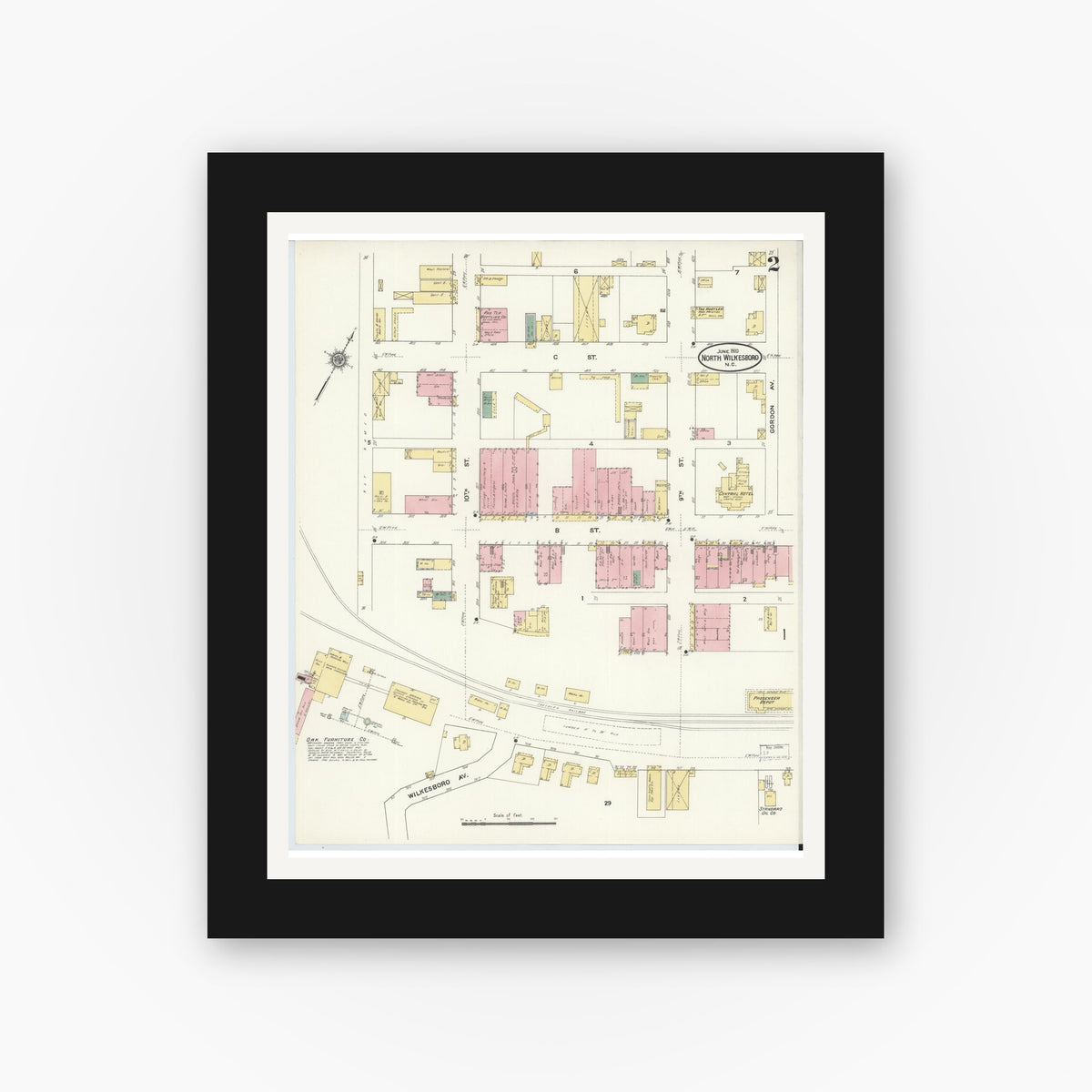 Old map wall art mockup — black gallery frame with white mat — Sanborn Fire Insurance Map from North Wilkesboro, Wilkes County, North Carolina (1910), Sheet #0002