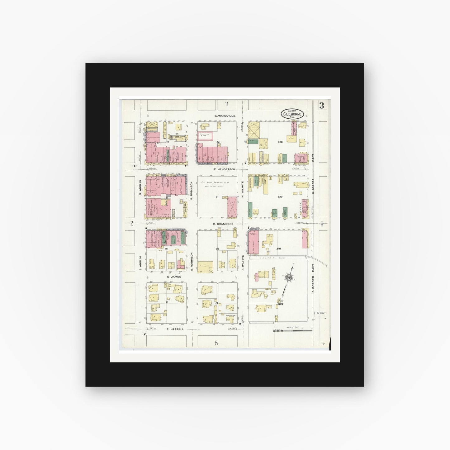 Old map wall art mockup — black gallery frame with white mat — Sanborn Fire Insurance Map from Cleburne, Johnson County, Texas (1910), Sheet #0003