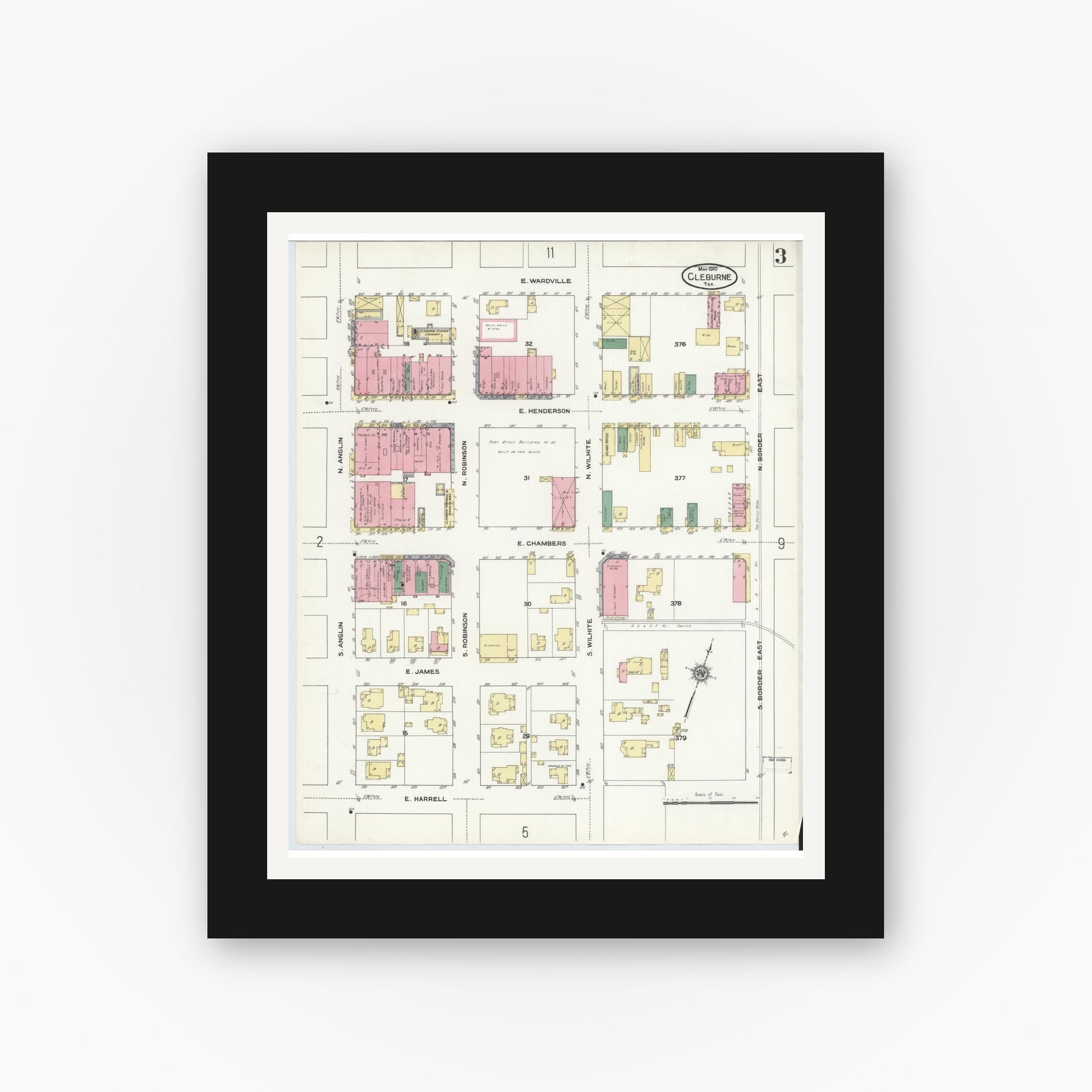 Old map wall art mockup — black gallery frame with white mat — Sanborn Fire Insurance Map from Cleburne, Johnson County, Texas (1910), Sheet #0003