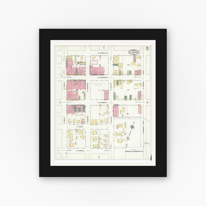 Old map wall art mockup — black gallery frame with white mat — Sanborn Fire Insurance Map from Cleburne, Johnson County, Texas (1910), Sheet #0003