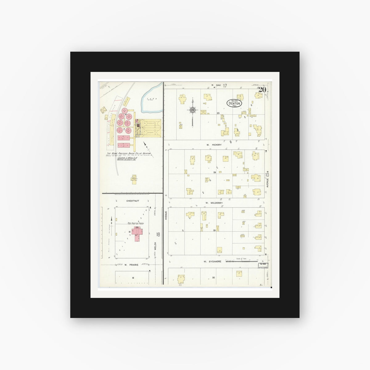 Old map wall art mockup — black gallery frame with white mat — Sanborn Fire Insurance Map from Denton, Denton County, Texas (1912), Sheet #0020