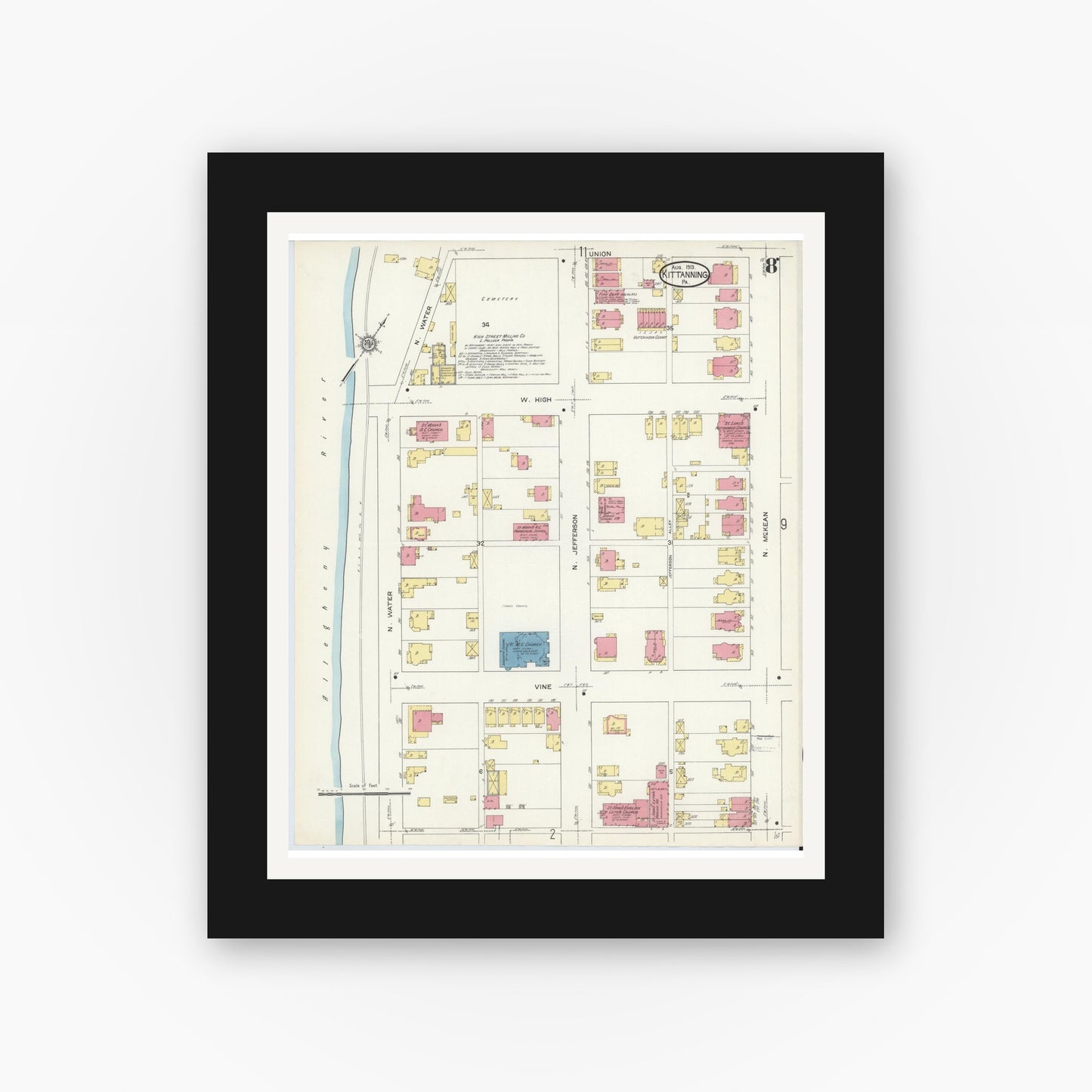 Old map wall art mockup — black gallery frame with white mat — Sanborn Fire Insurance Map from Kittanning, Armstrong County, Pennsylvania (1913), Sheet #0008