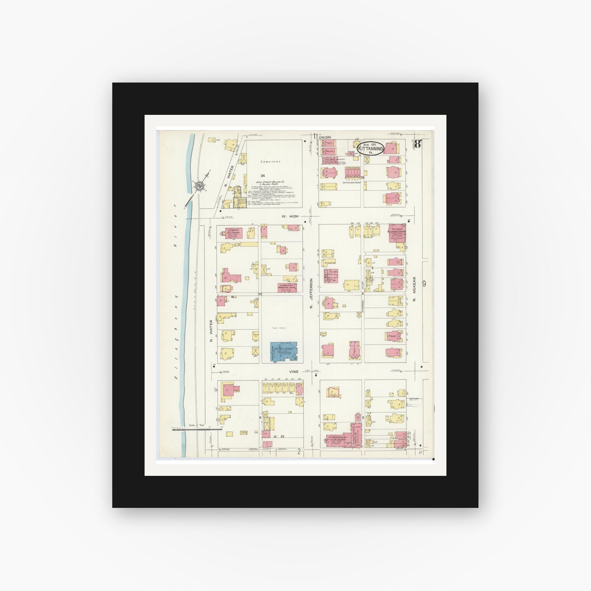 Old map wall art mockup — black gallery frame with white mat — Sanborn Fire Insurance Map from Kittanning, Armstrong County, Pennsylvania (1913), Sheet #0008