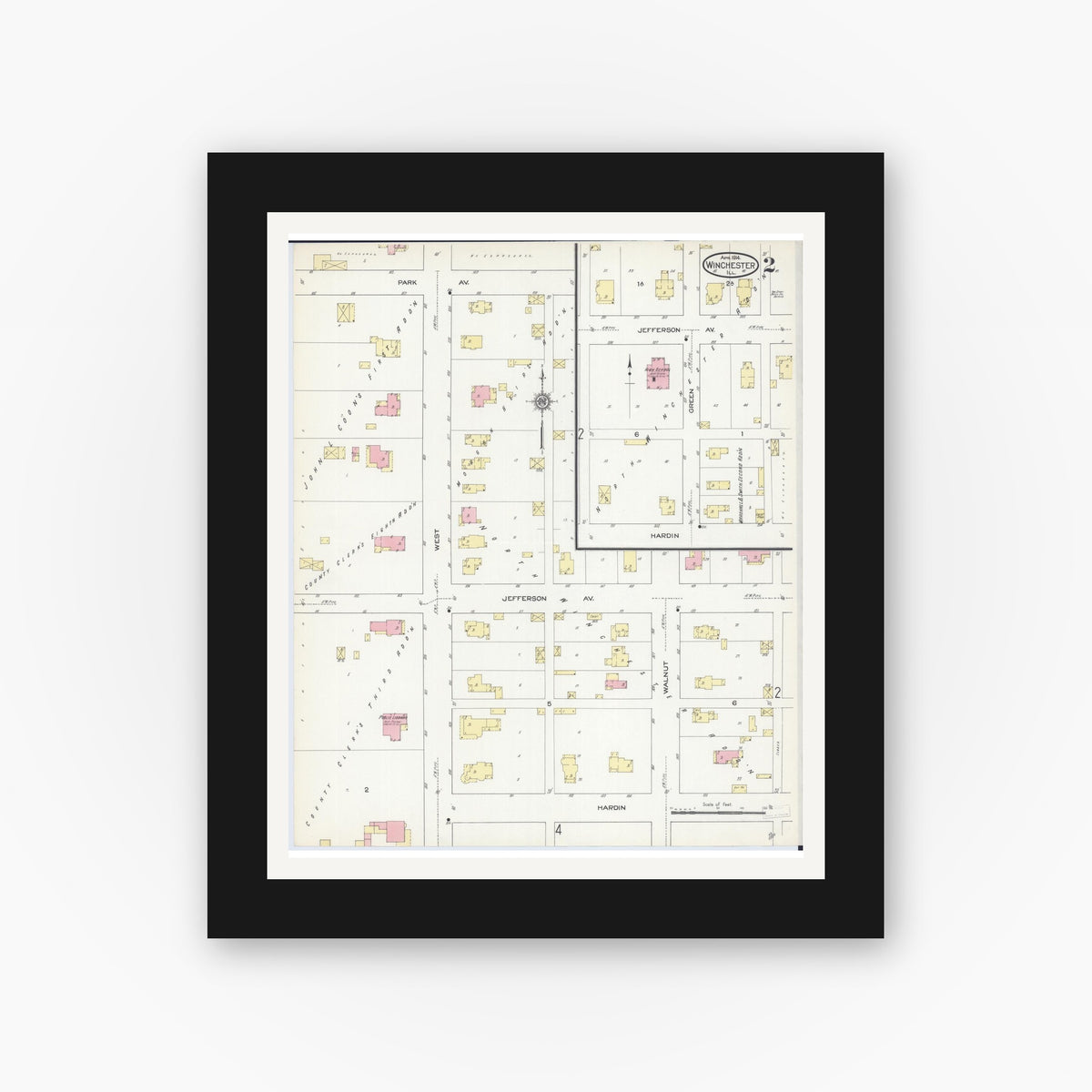 Old map wall art mockup — black gallery frame with white mat — Sanborn Fire Insurance Map from Winchester, Scott County, Illinois (1914), Sheet #0002
