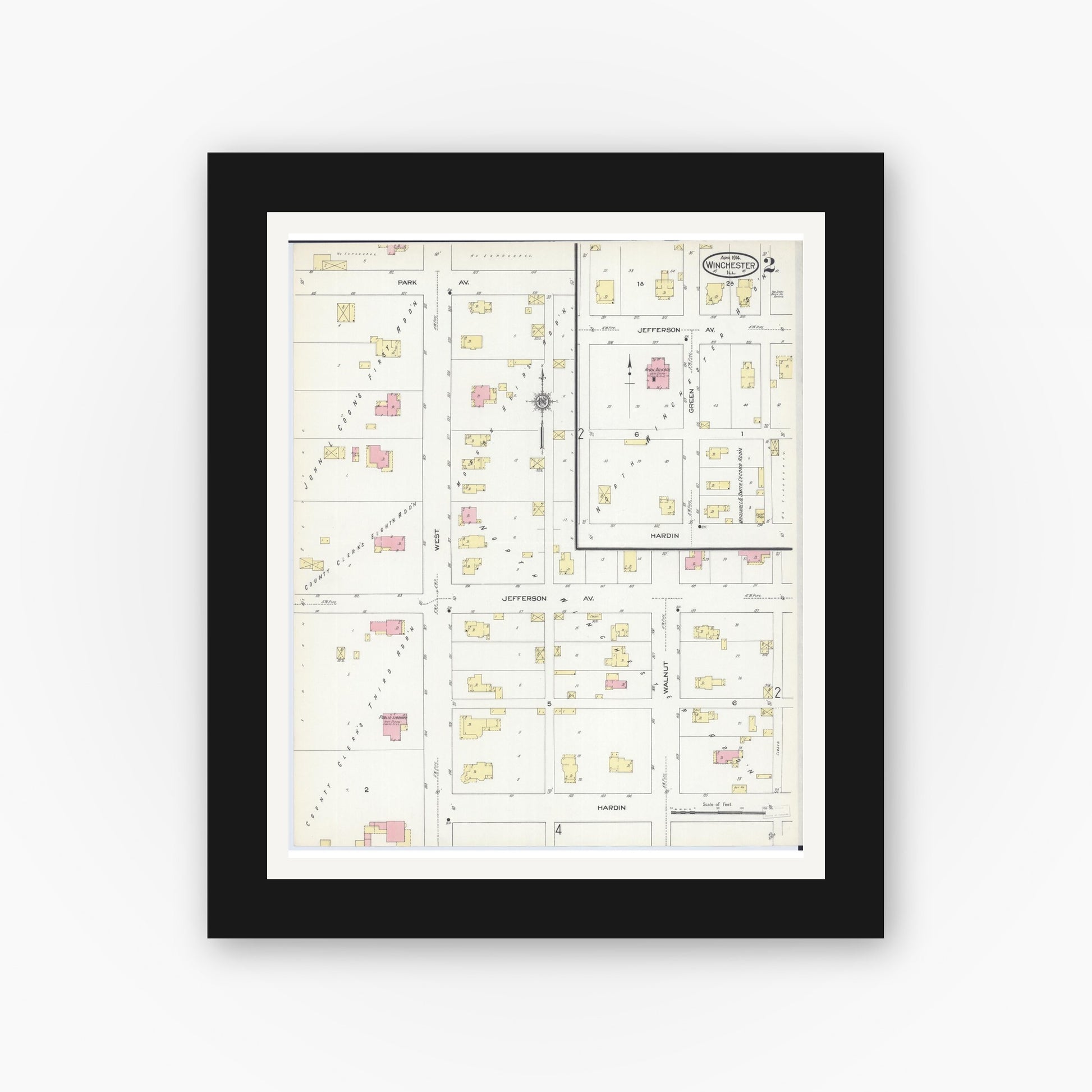 Old map wall art mockup — black gallery frame with white mat — Sanborn Fire Insurance Map from Winchester, Scott County, Illinois (1914), Sheet #0002