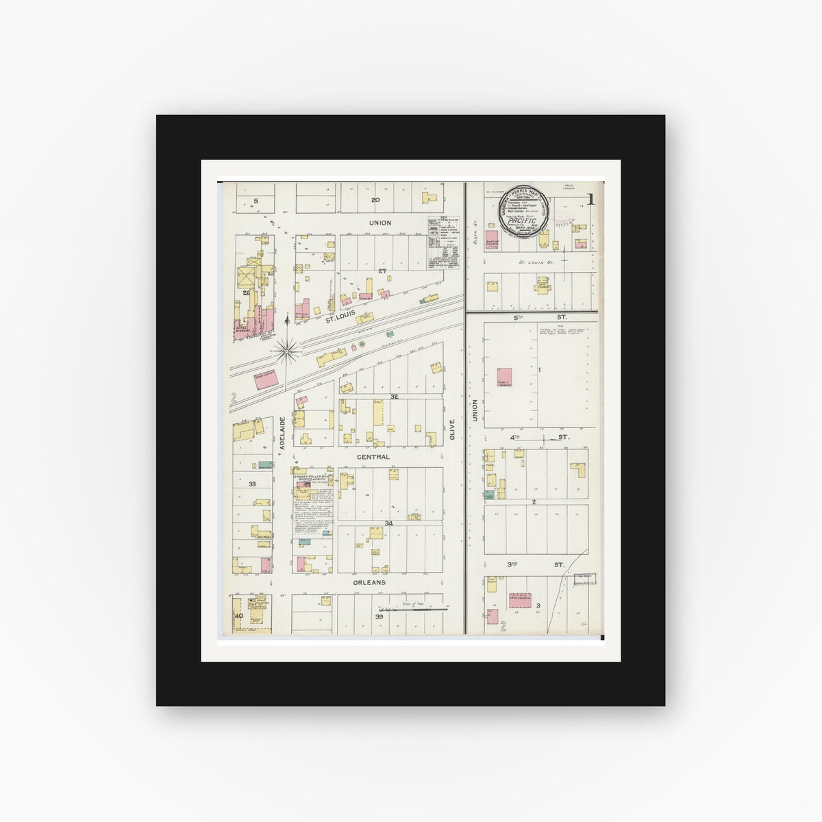 Old map wall art mockup — black gallery frame with white mat — Sanborn Fire Insurance Map from Pacific, Franklin County, Missouri (1892), Sheet #0001