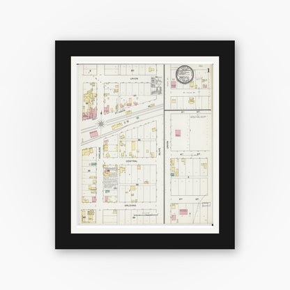Old map wall art mockup — black gallery frame with white mat — Sanborn Fire Insurance Map from Pacific, Franklin County, Missouri (1892), Sheet #0001