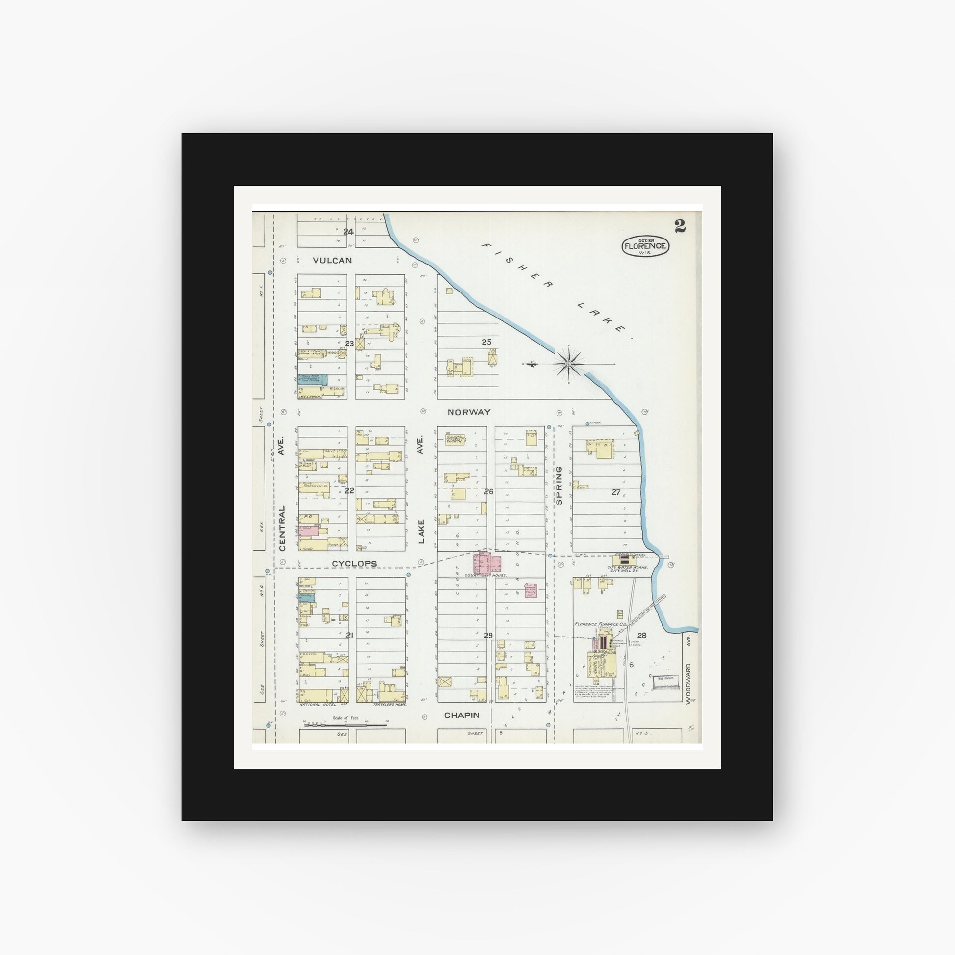 Old map wall art mockup — black gallery frame with white mat — Sanborn Fire Insurance Map from Florence, Florence County, Wisconsin (1891) - Complete Map Set