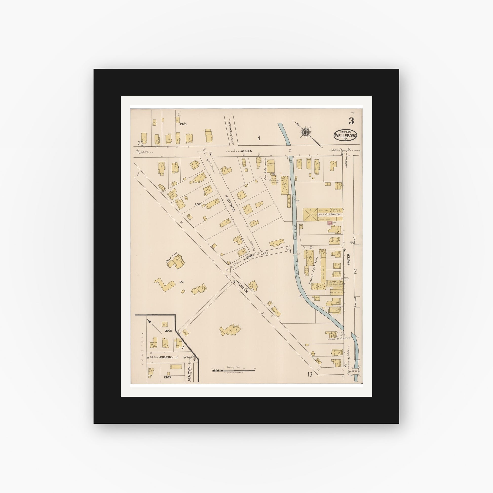 Old map wall art mockup — black gallery frame with white mat — Sanborn Fire Insurance Map from Wellsboro, Tioga County, Pennsylvania (1922), Sheet #0003