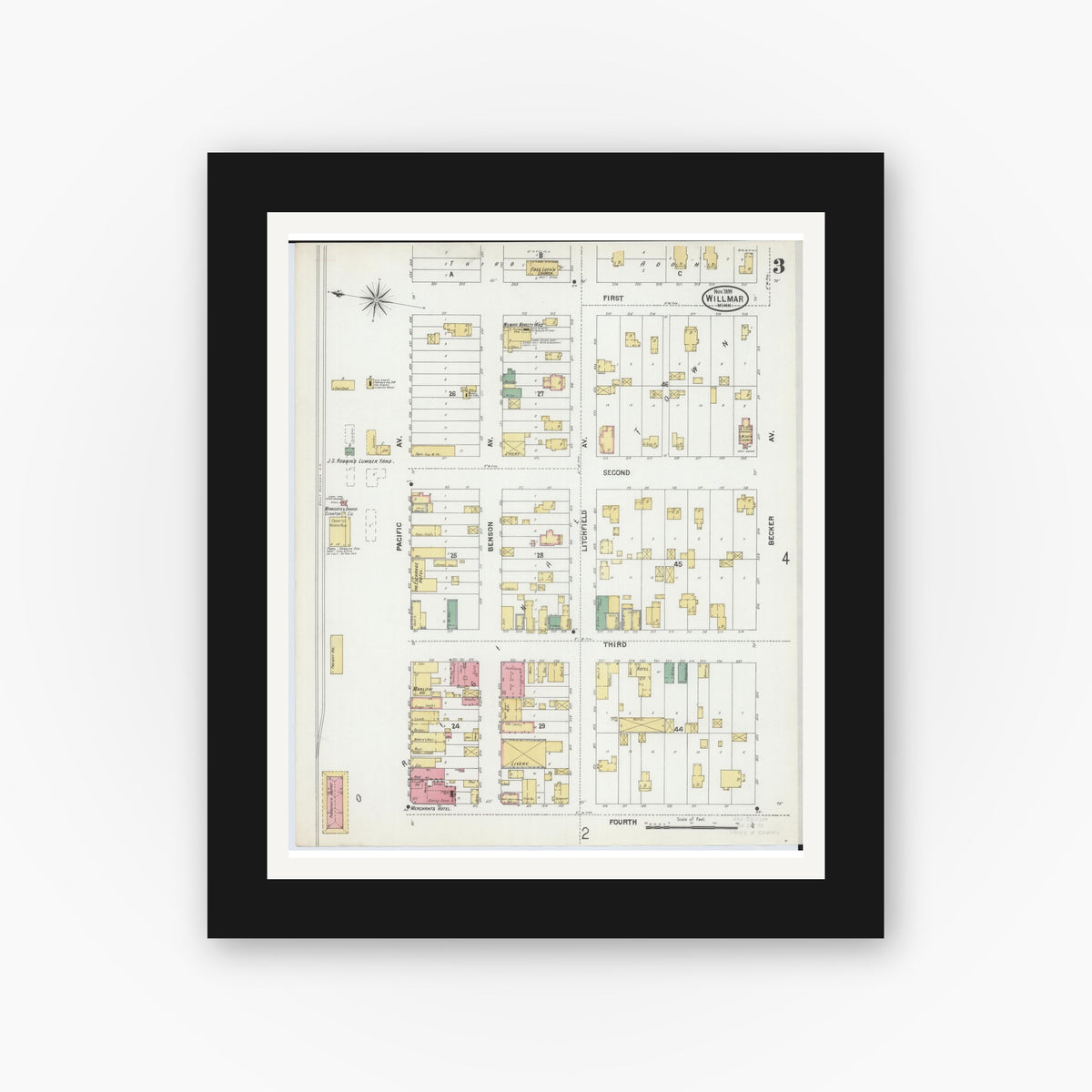 Old map wall art mockup — black gallery frame with white mat — Sanborn Fire Insurance Map from Willmar, Kandiyohi County, Minnesota (1899), Sheet #0003