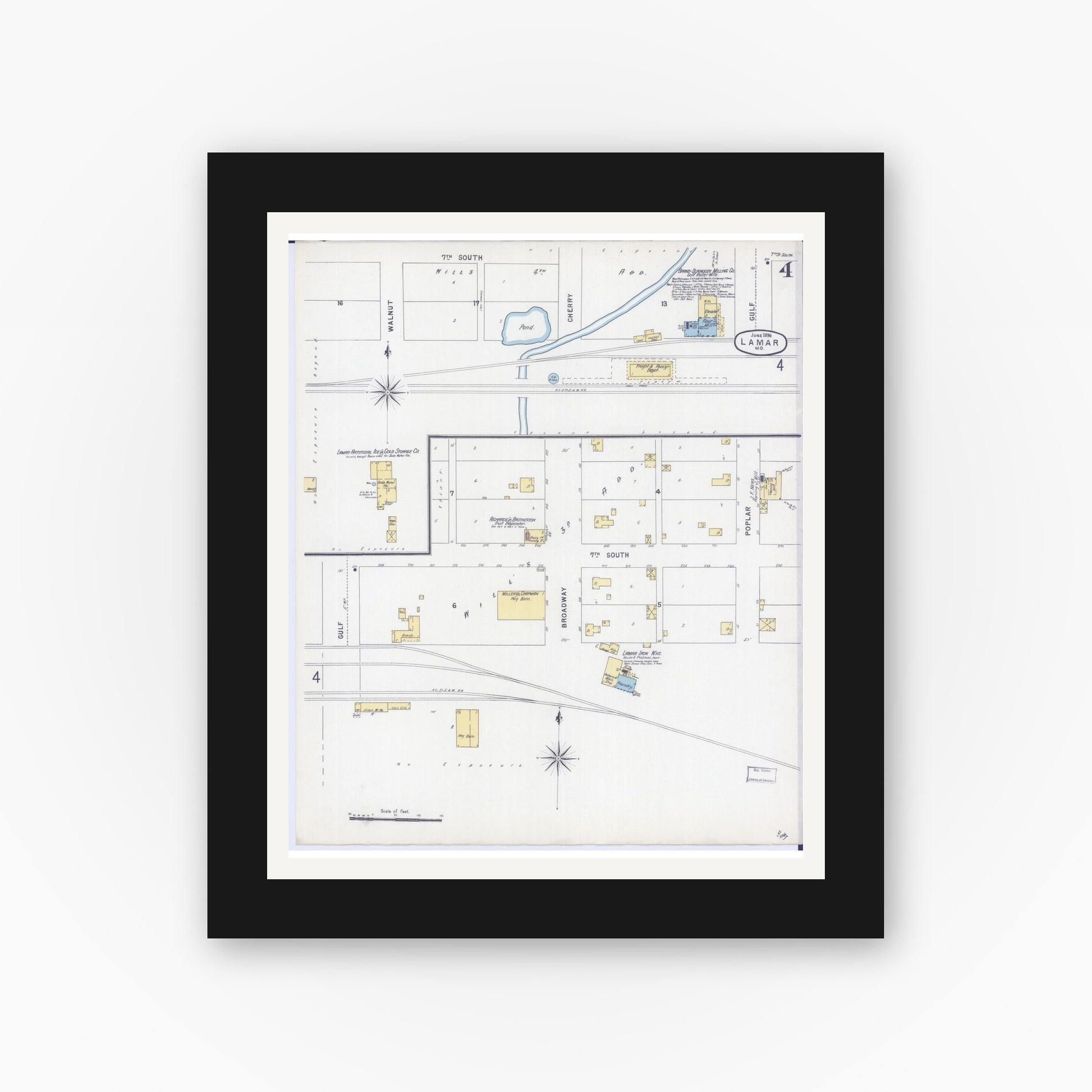 Old map wall art mockup — black gallery frame with white mat — Sanborn Fire Insurance Map from Lamar, Barton County, Missouri (1896), Sheet #0004