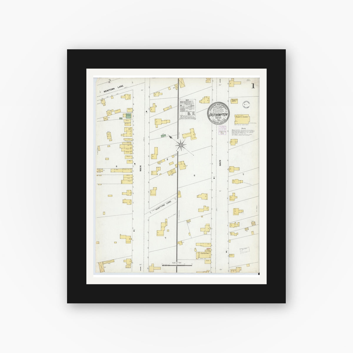 Old map wall art mockup — black gallery frame with white mat — Sanborn Fire Insurance Map from Easthampton, Suffolk County, New York (1902), Sheet #0001